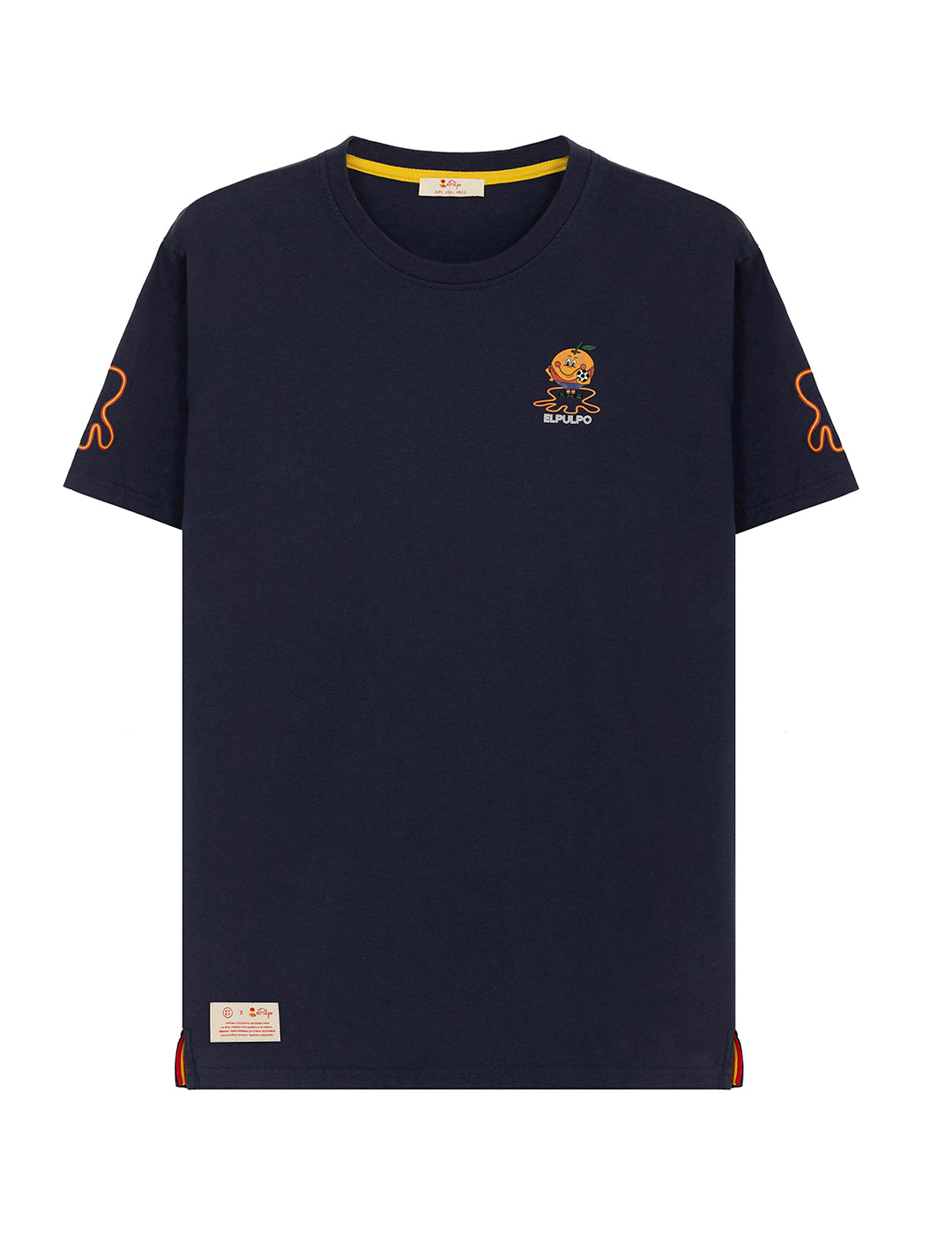 T-SHIRT DELAVÉ COM TRIPLA ESTAMPA AZUL MARINHO E LARANJA