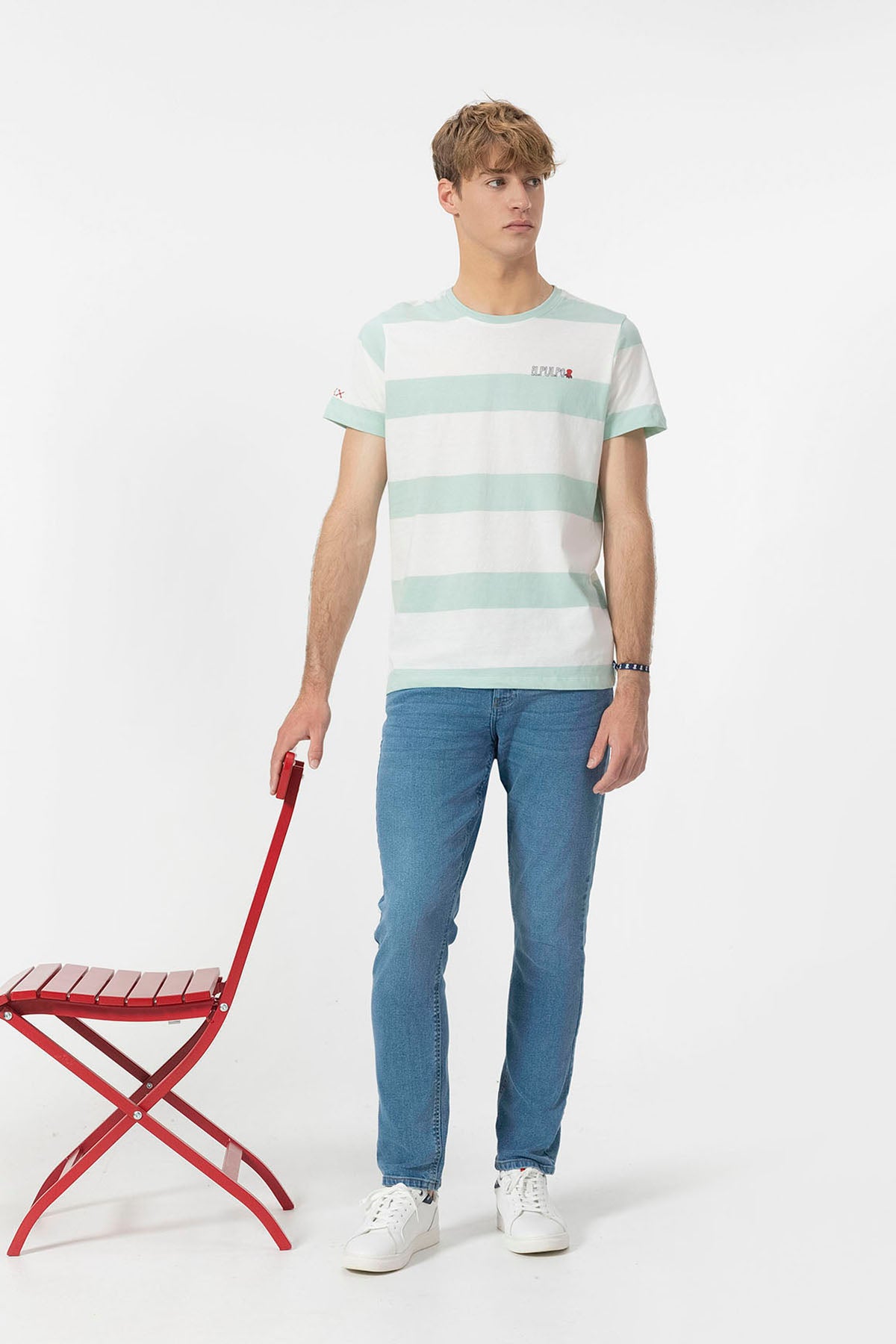 TURQUOISE BLUE WIDE STRIPED T-SHIRT