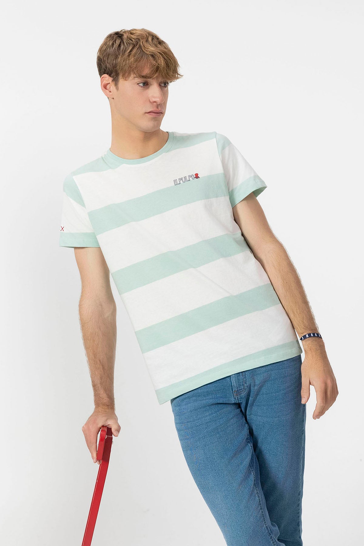 TURQUOISE BLUE WIDE STRIPED T-SHIRT
