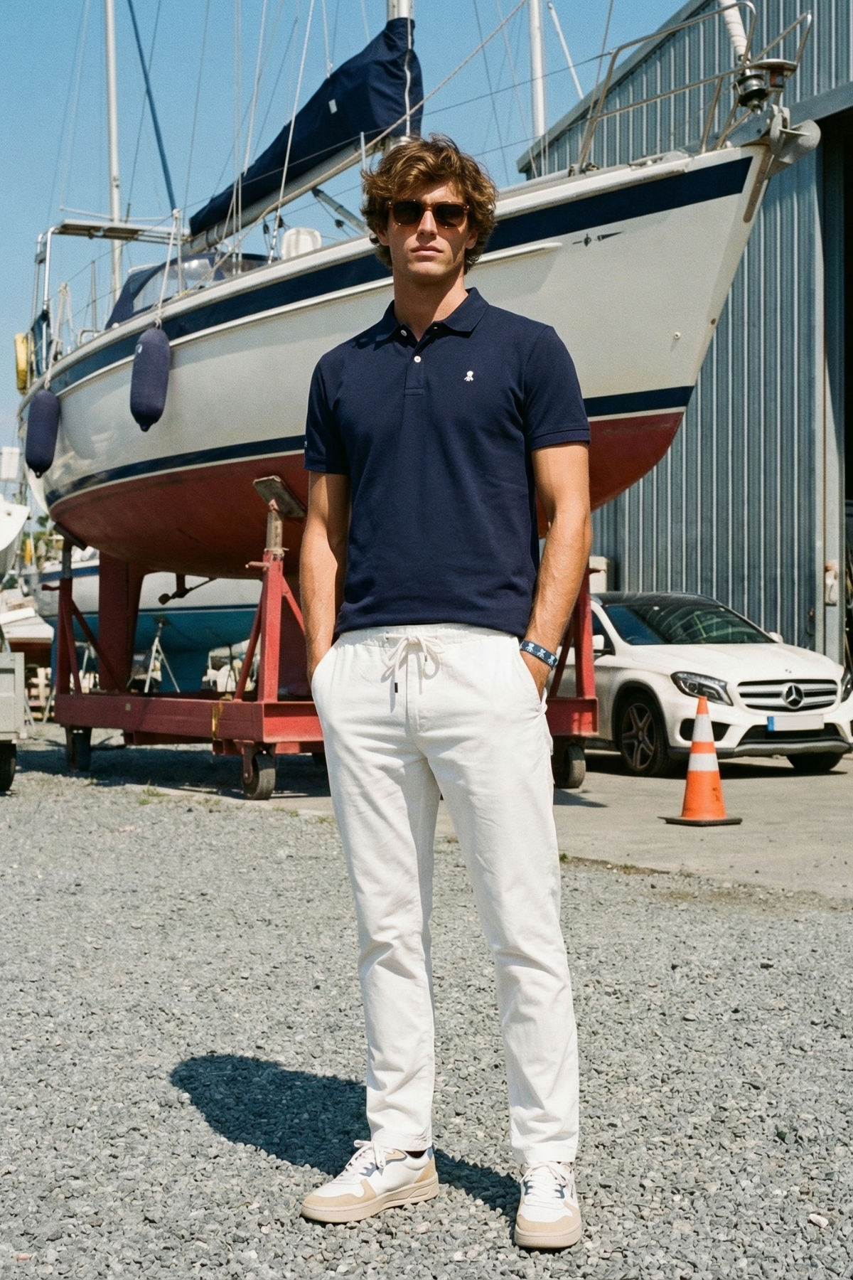 Polo lavado bordado a contraste azul marino