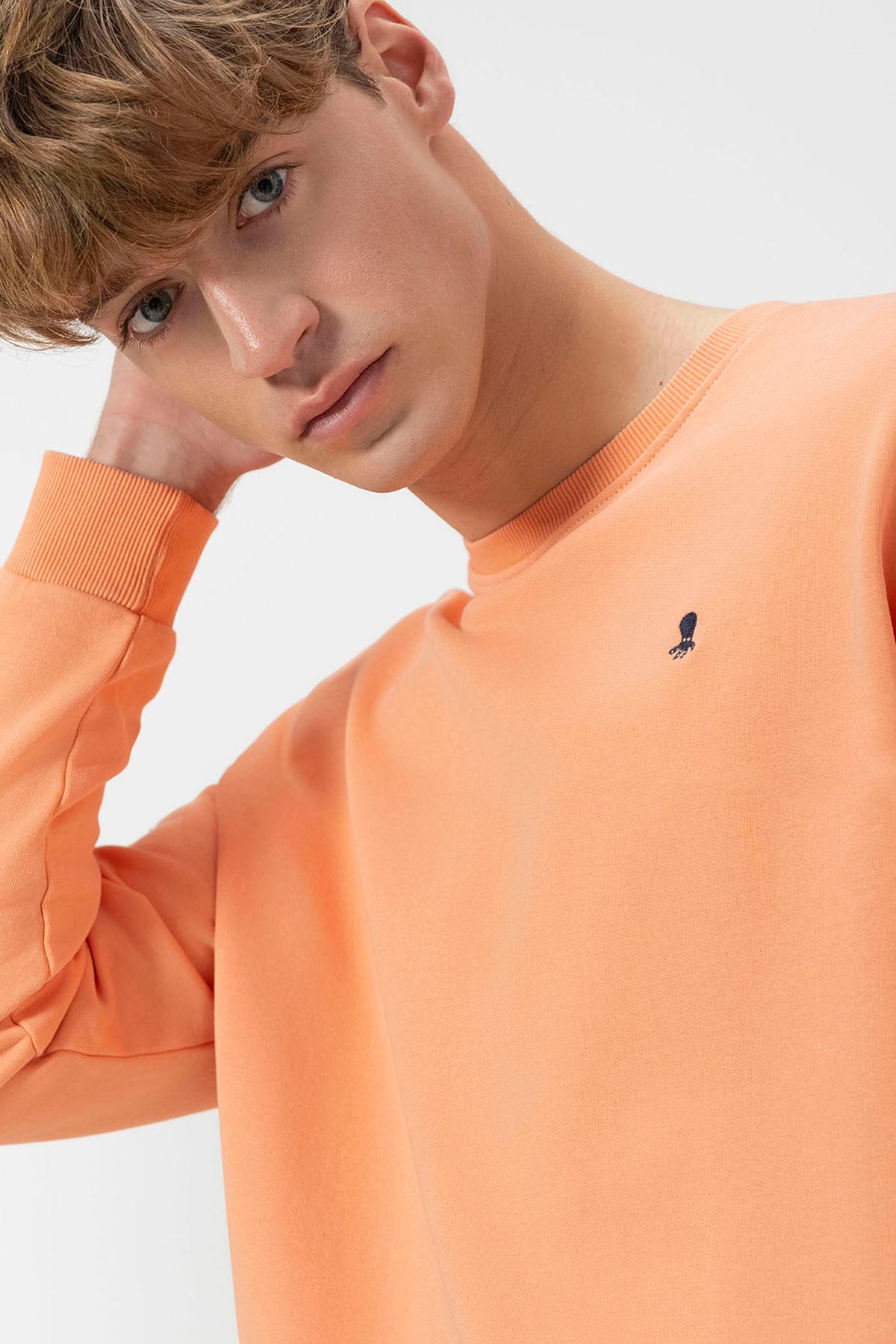 SWEATSHIRT BÁSICO COM BORDADO DE PÊSSEGO CONTRASTANTE