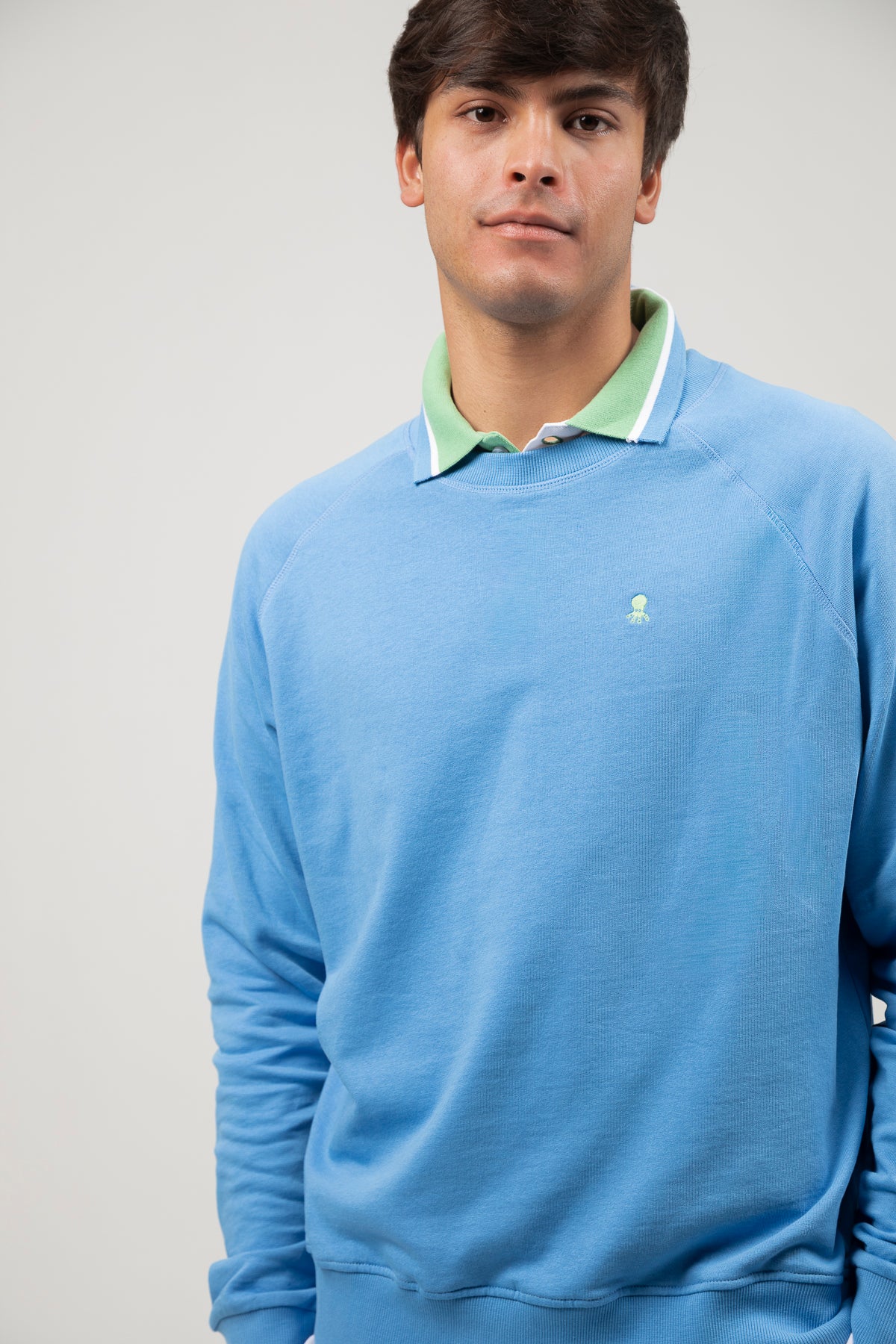Sudadera manga ranglan bordado contraste azul lavanda