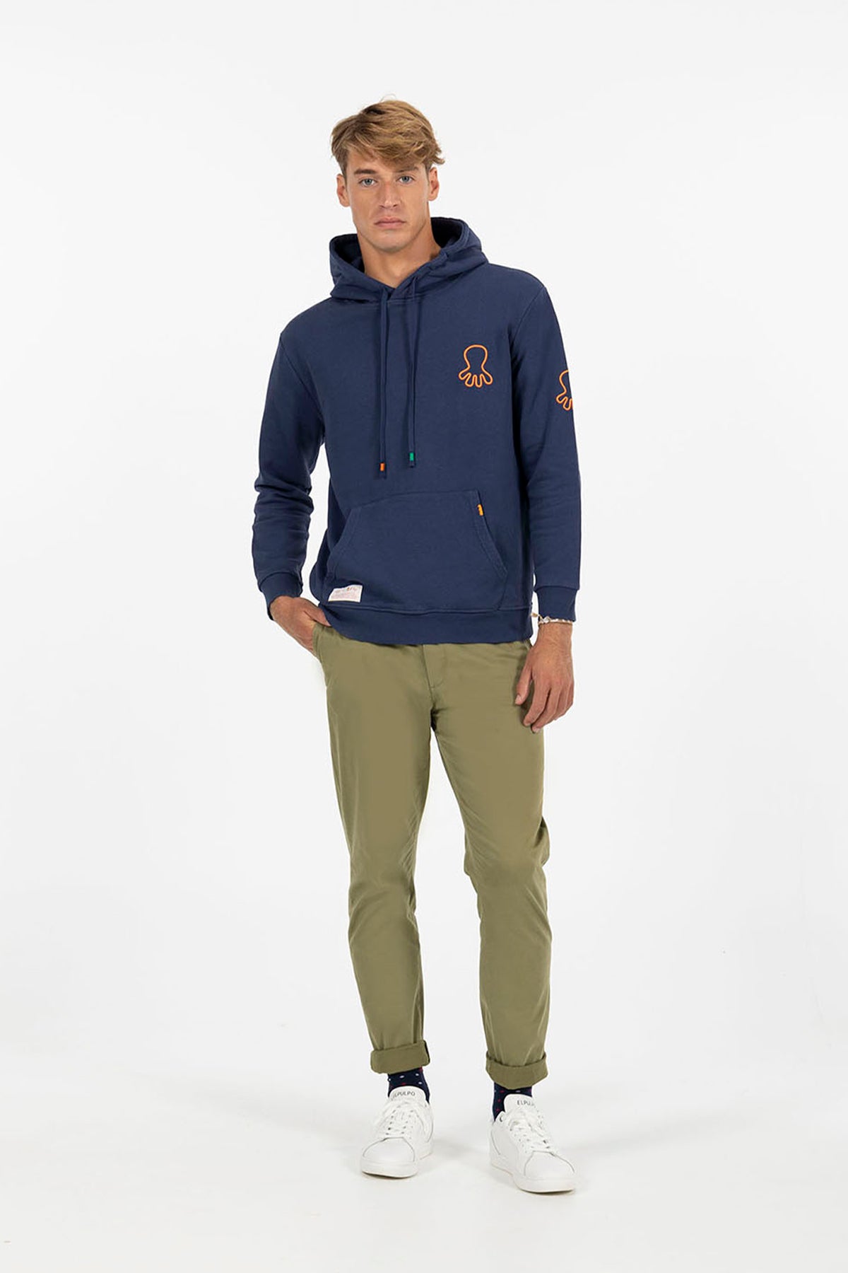 DELAVÉ NAVY BLUE ORANGE TRIPLE LOGO PRINT HOODIE
