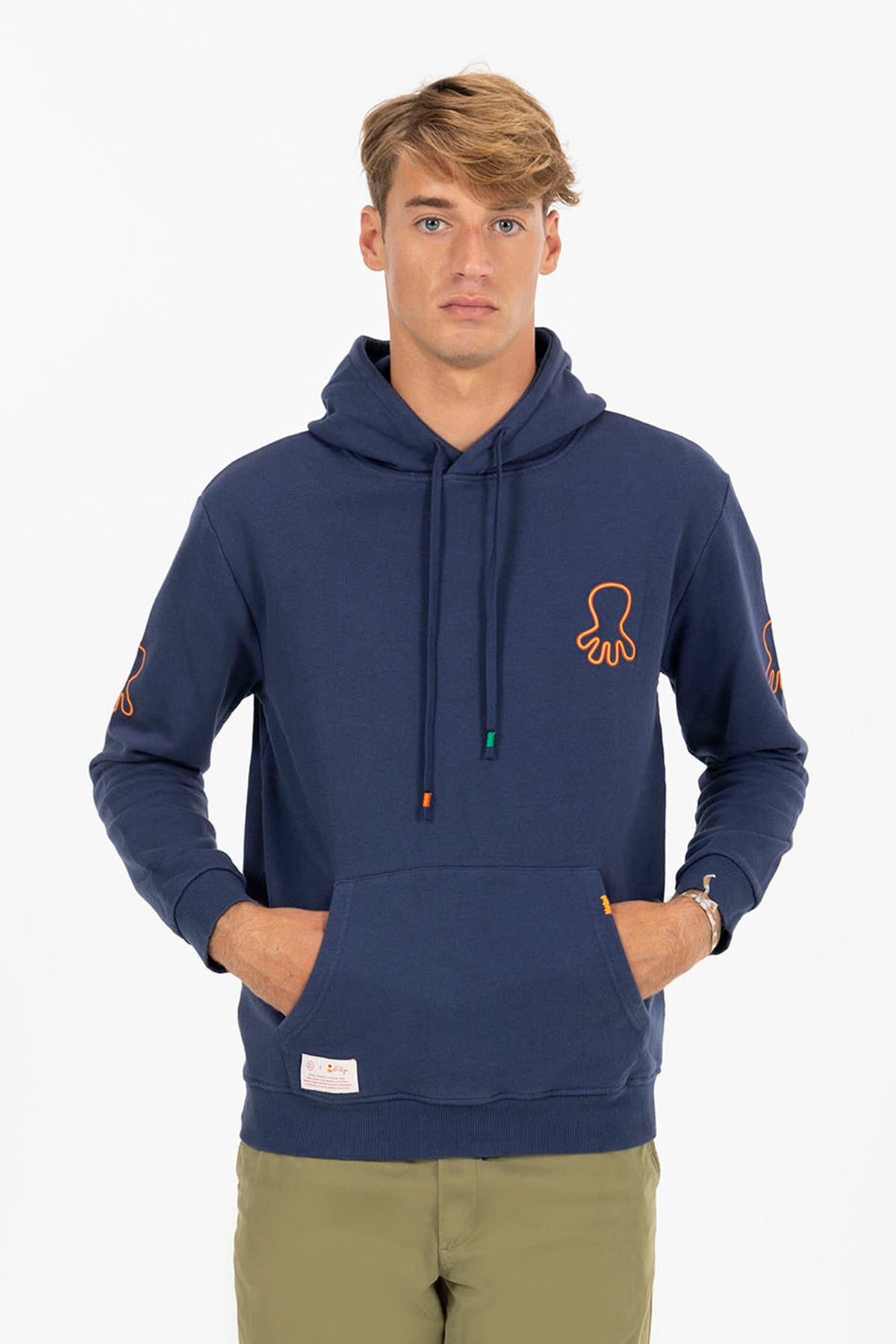 DELAVÉ NAVY BLUE ORANGE TRIPLE LOGO PRINT HOODIE