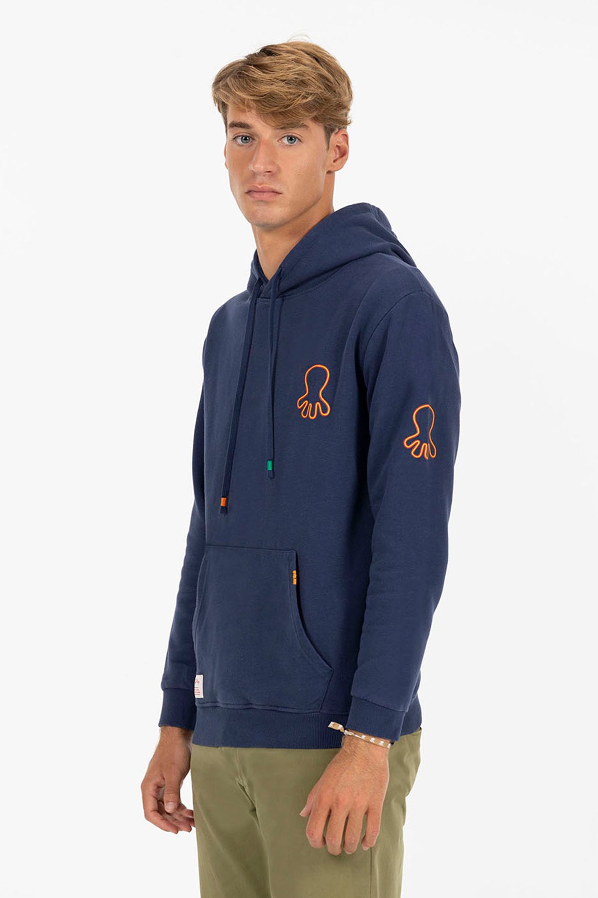 DELAVÉ NAVY BLUE ORANGE TRIPLE LOGO PRINT HOODIE