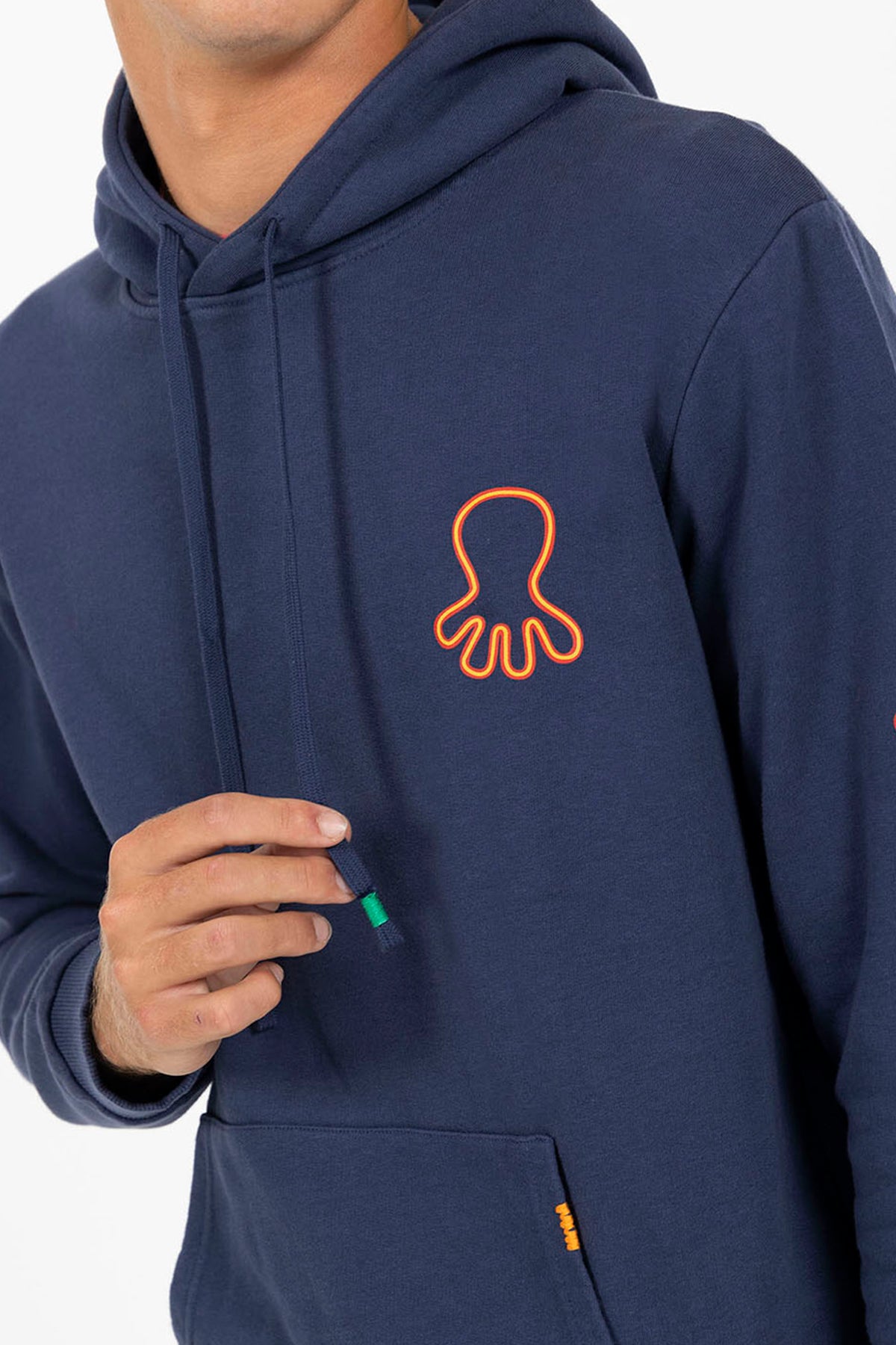 DELAVÉ NAVY BLUE ORANGE TRIPLE LOGO PRINT HOODIE