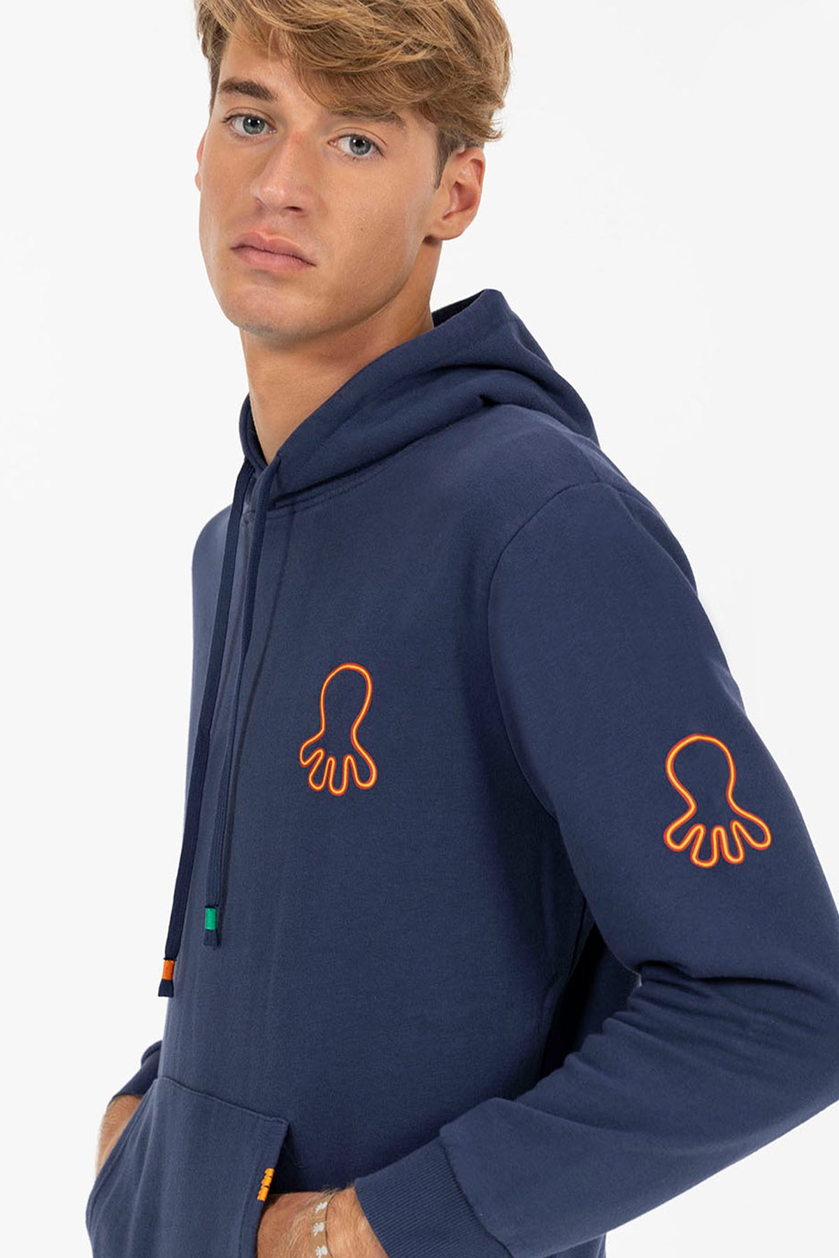 DELAVÉ NAVY BLUE ORANGE TRIPLE LOGO PRINT HOODIE