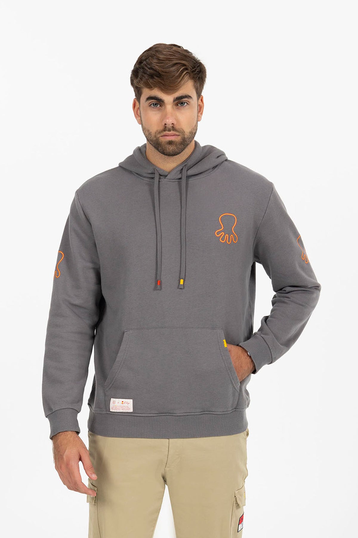 TRIPLE LOGO PRINT HOODIE IN CHARCOAL ORANGE
