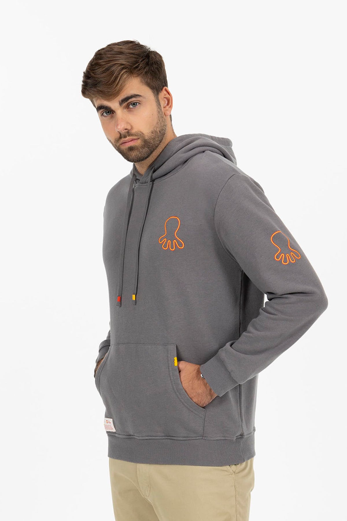 TRIPLE LOGO PRINT HOODIE IN CHARCOAL ORANGE