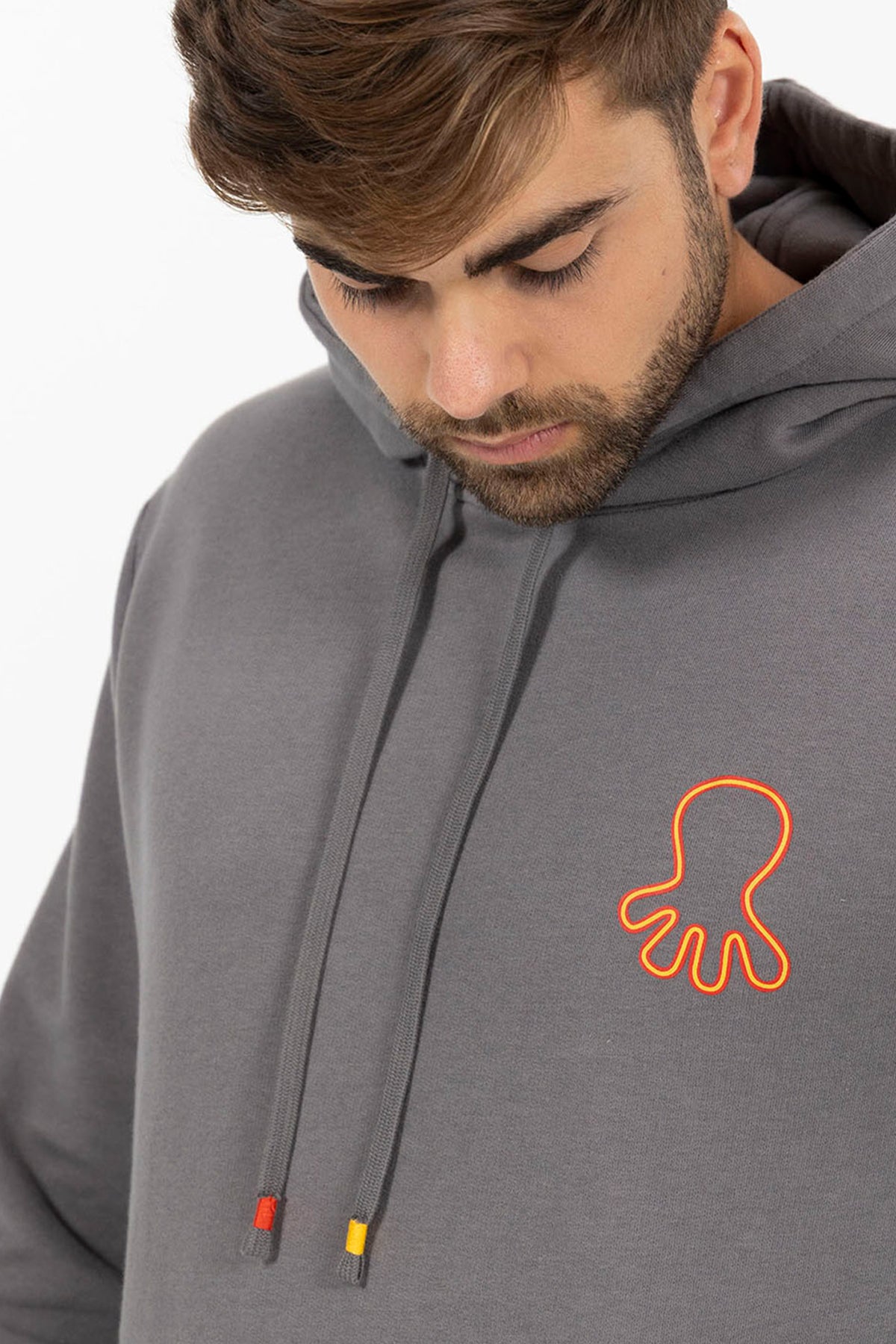 TRIPLE LOGO PRINT HOODIE IN CHARCOAL ORANGE