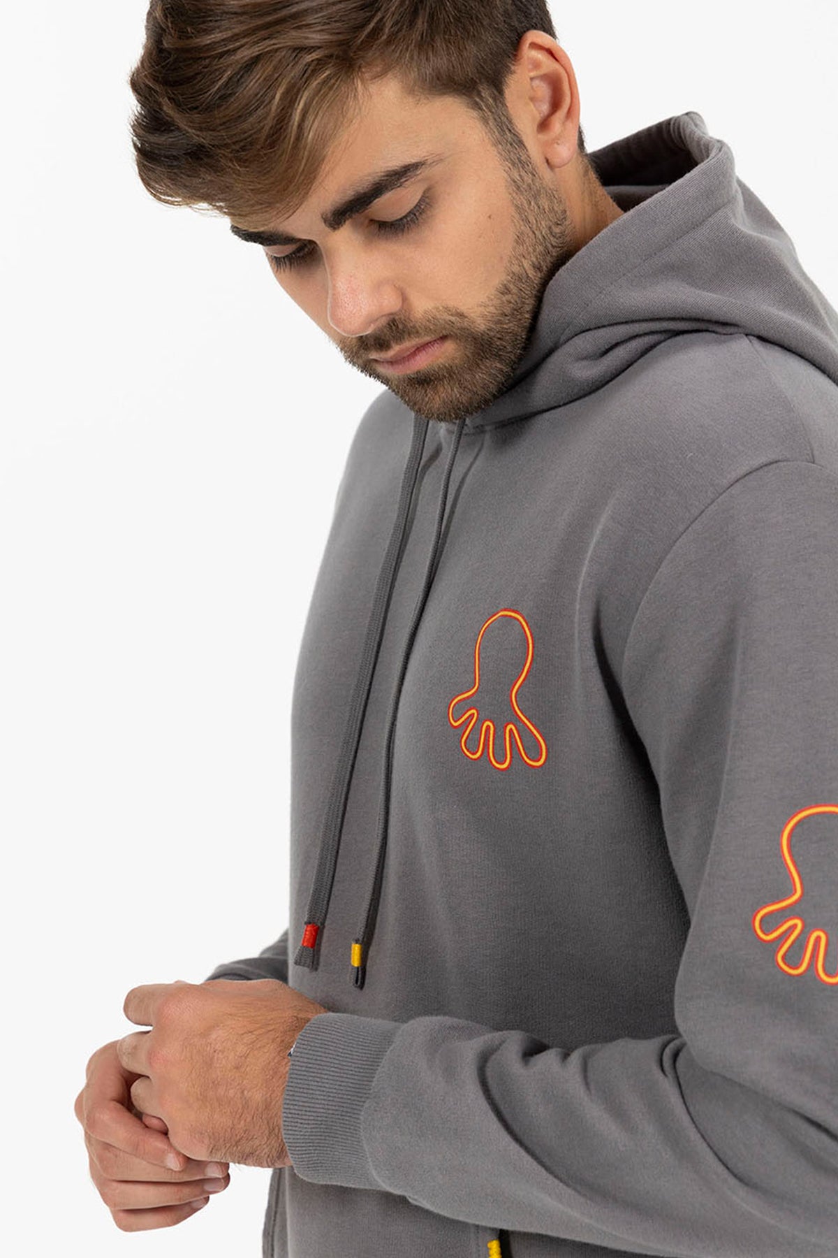 TRIPLE LOGO PRINT HOODIE IN CHARCOAL ORANGE
