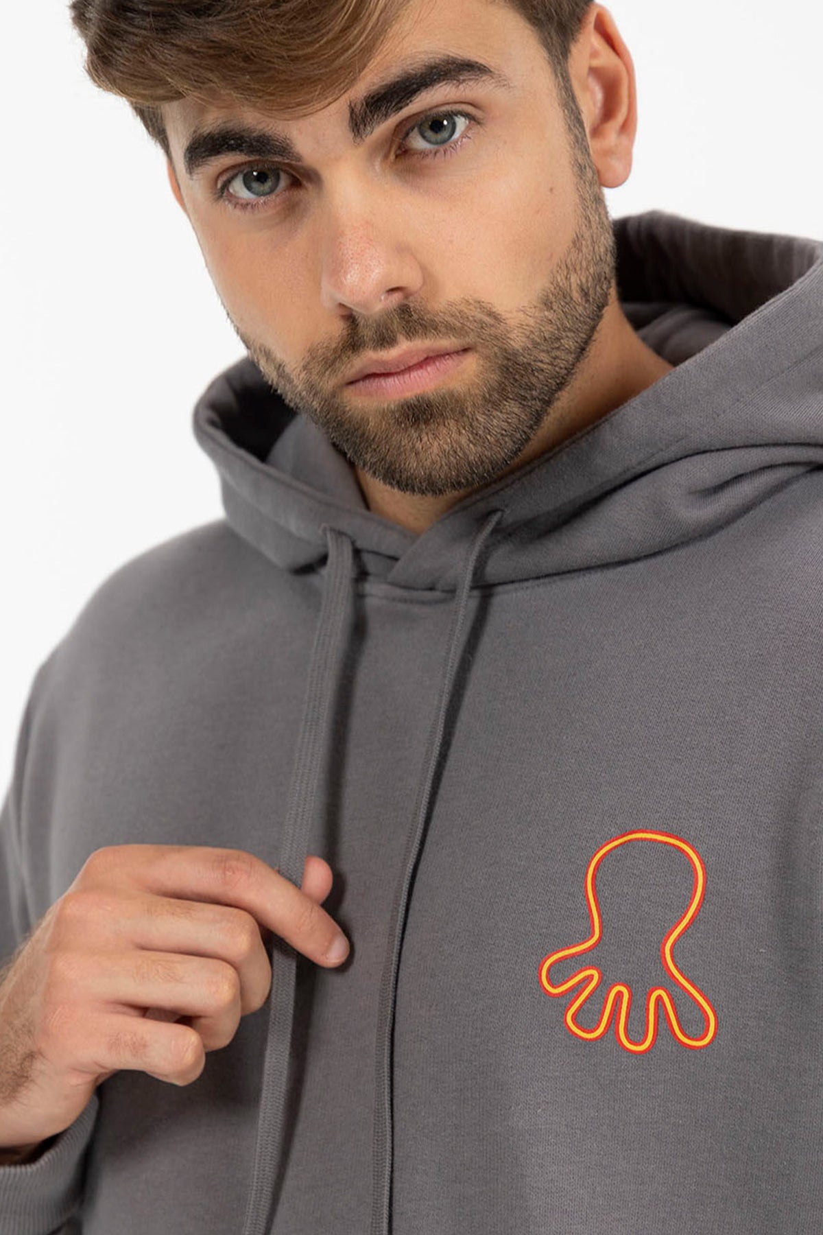 TRIPLE LOGO PRINT HOODIE IN CHARCOAL ORANGE