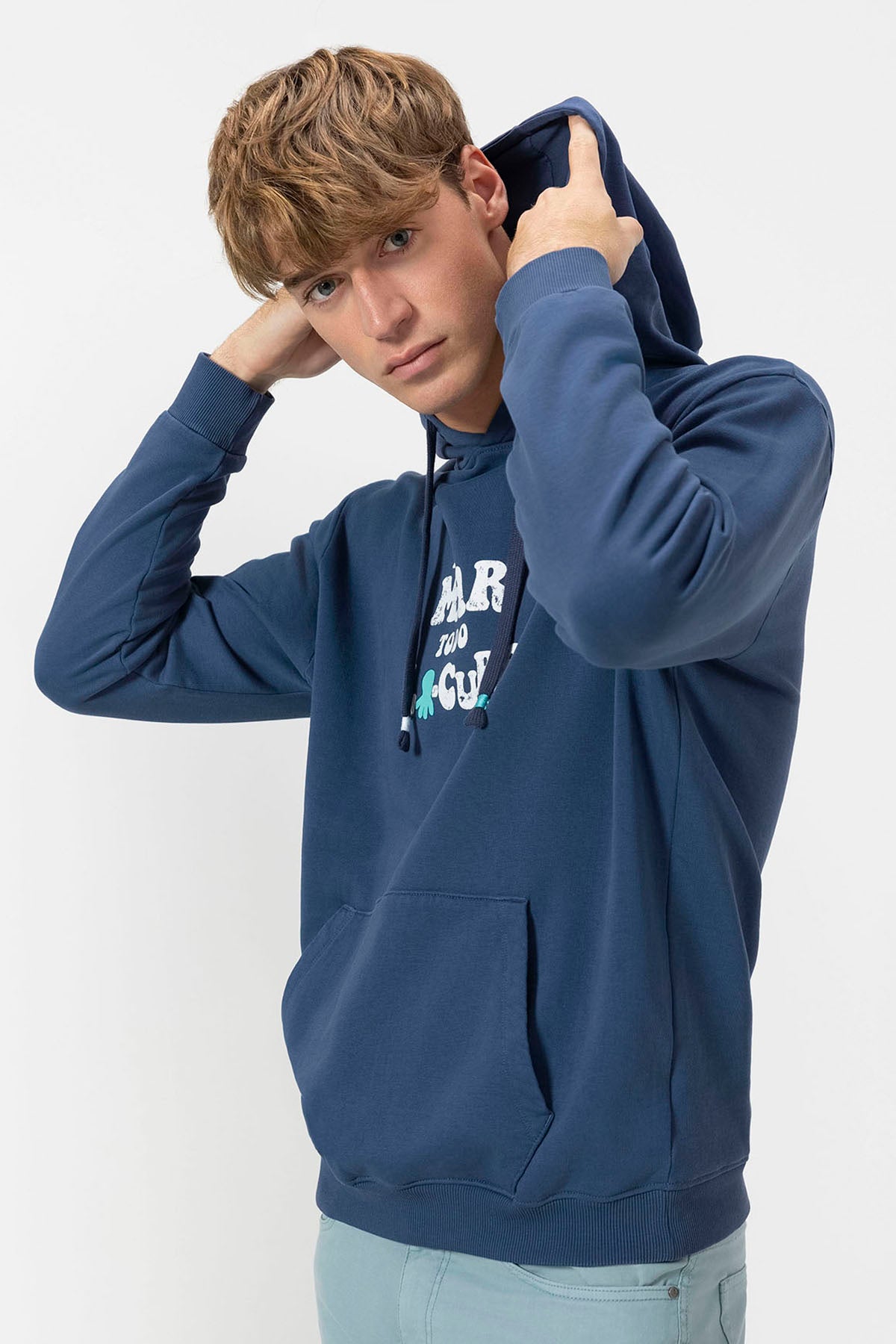 HOODED SWEATSHIRT EL MAR TODO LO-CURA WORN OUT NAVY BLUE DELAVÉ