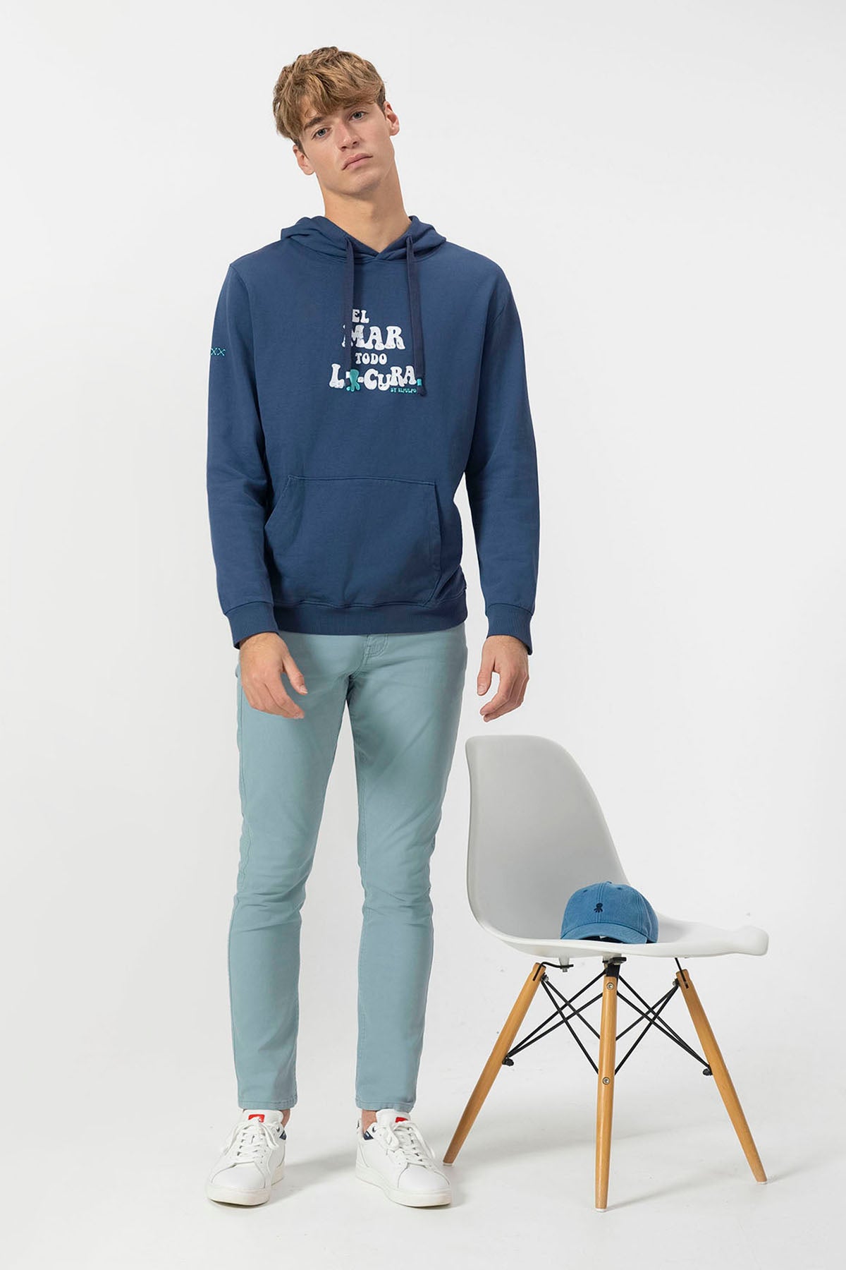 HOODED SWEATSHIRT EL MAR TODO LO-CURA WORN OUT NAVY BLUE DELAVÉ