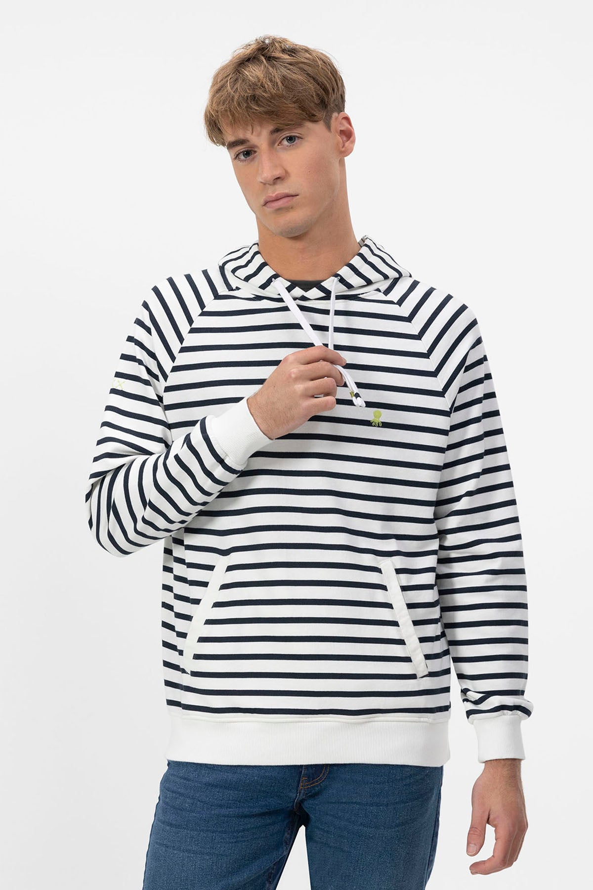 SWEATSHIRT COM CAPUZ LISTRADO BORDADO BRANCO PURO