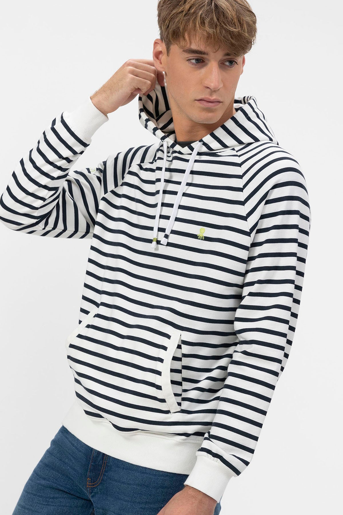 SWEATSHIRT COM CAPUZ LISTRADO BORDADO BRANCO PURO