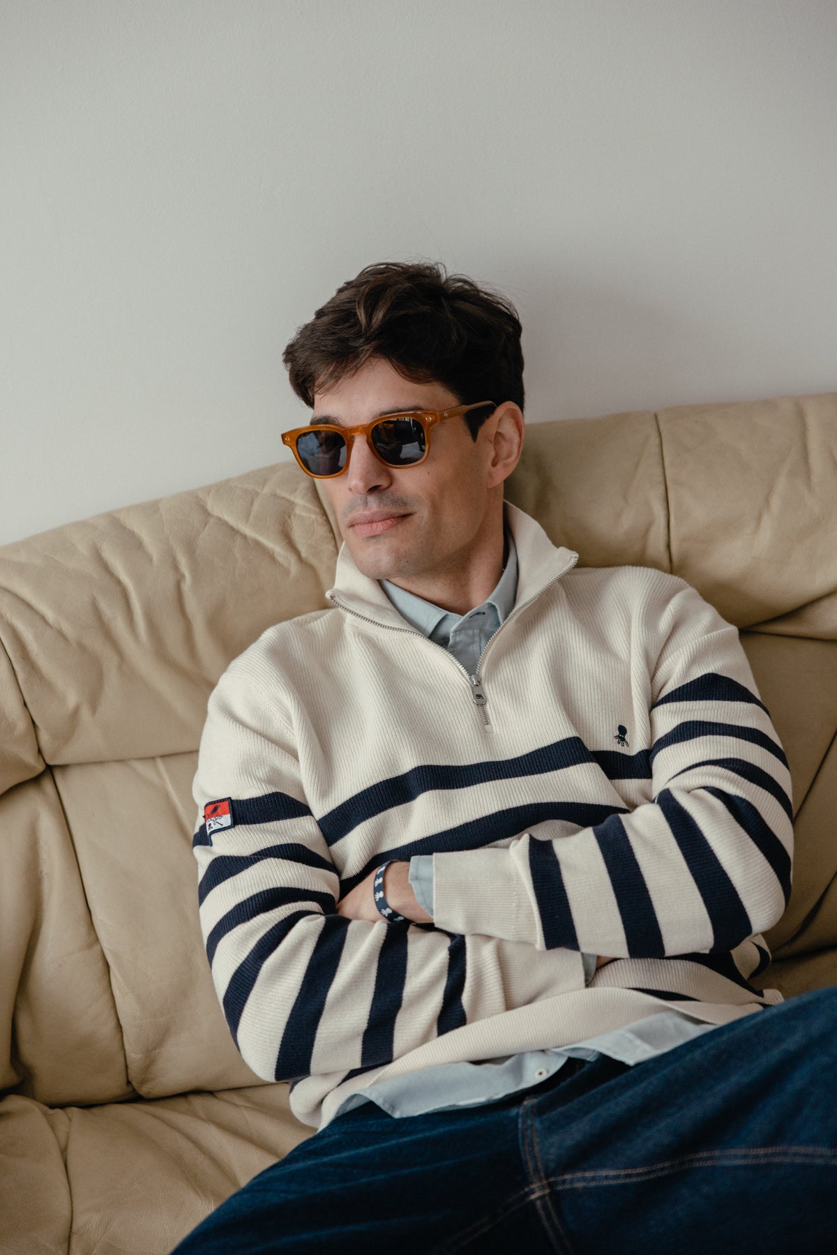 Jersey perkins punto perlado rayas bandera blanco roto