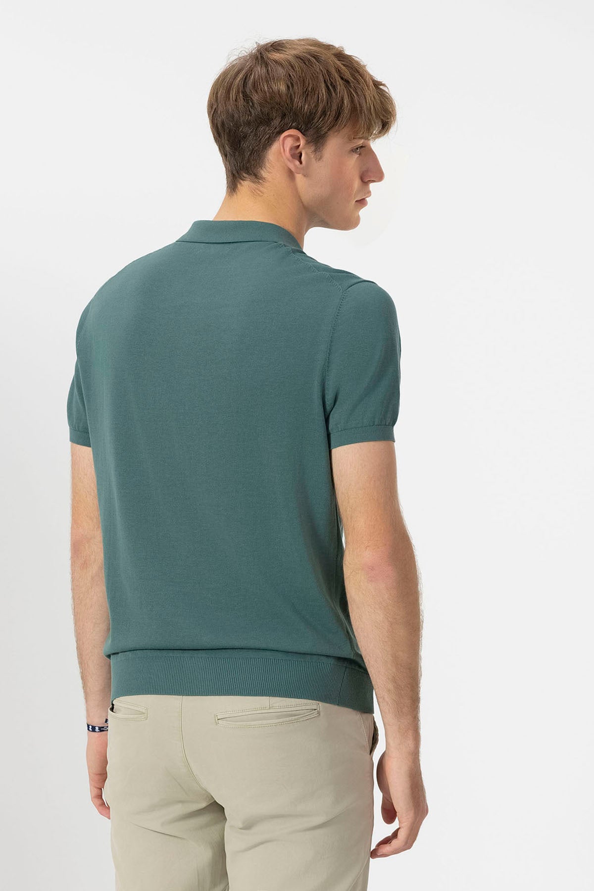 CAMISA POLO BÁSICA DE MALHA CREPE CINZA-VERDE