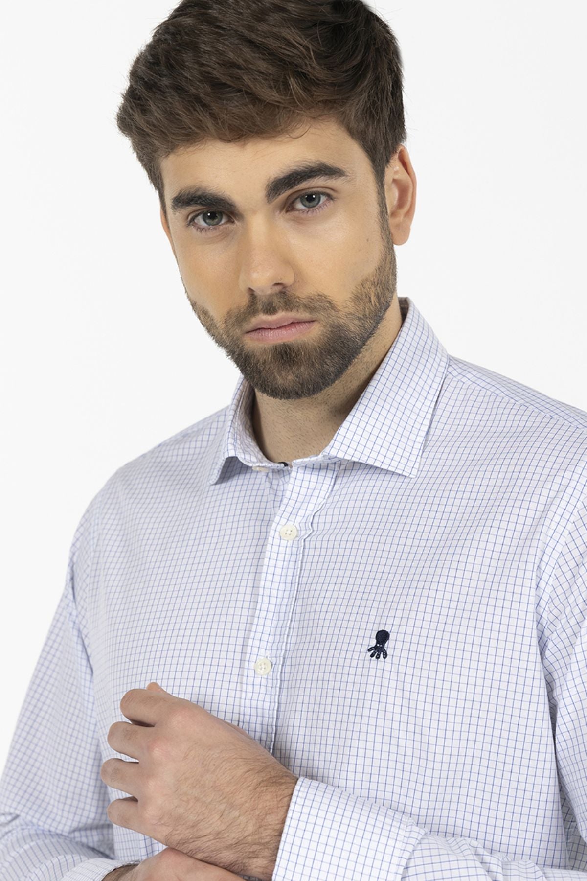 CAMISA CUADROS RAYA ESTRECHA POPELIN AZUL ROYAL