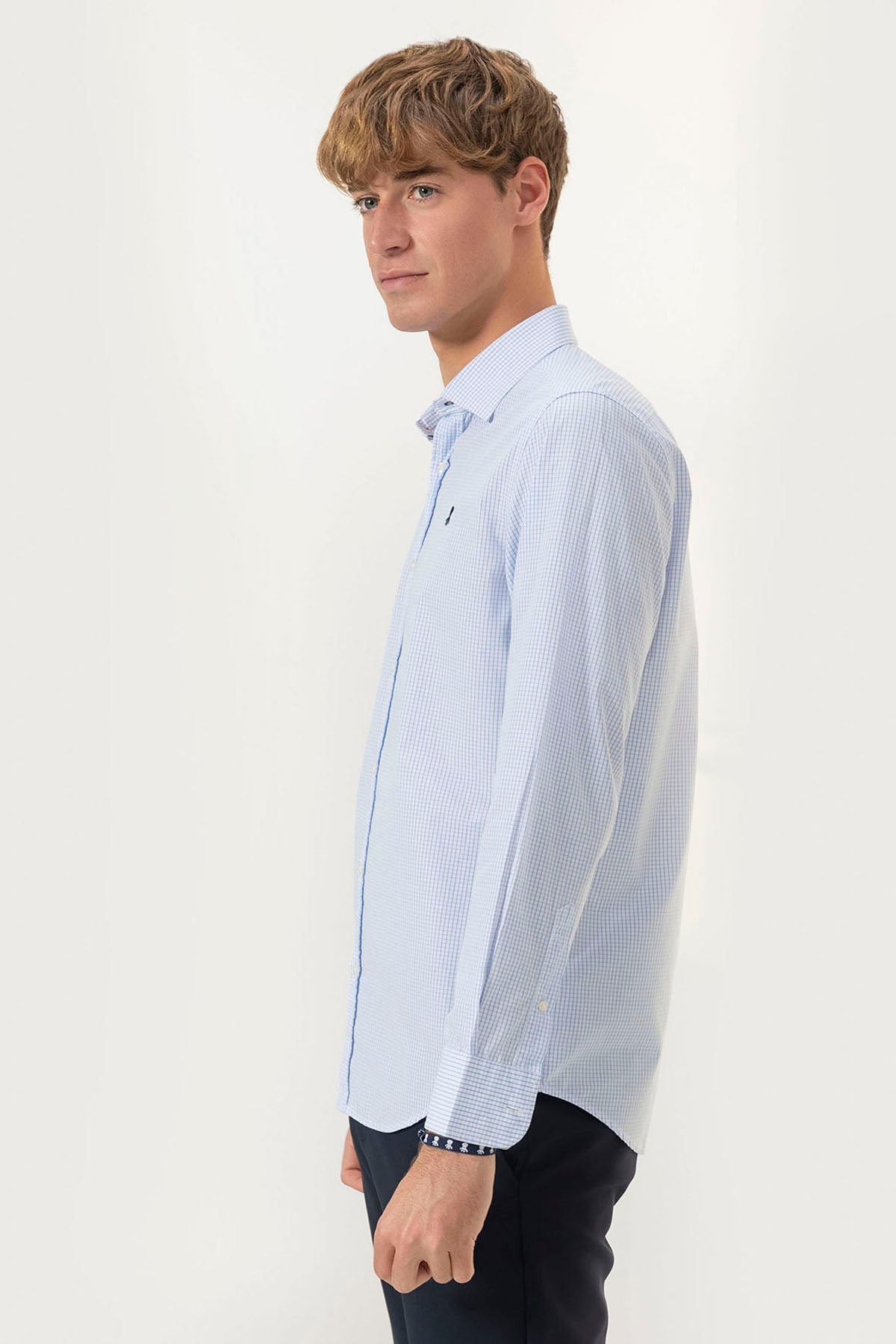 CAMISOLA DE POPELINA AZUL VICHY COM GOLA ITALIANA