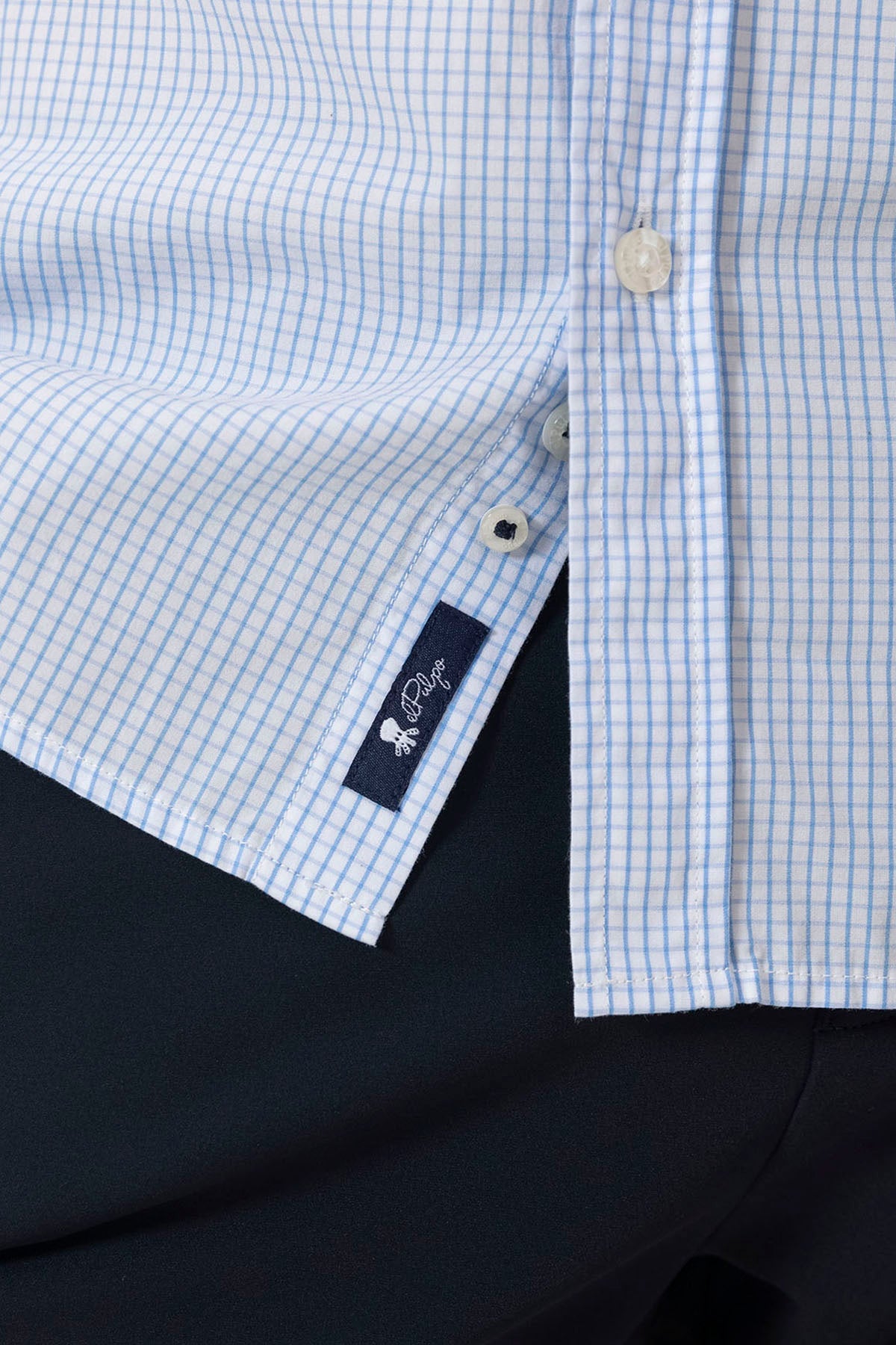 CAMISOLA DE POPELINA AZUL VICHY COM GOLA ITALIANA