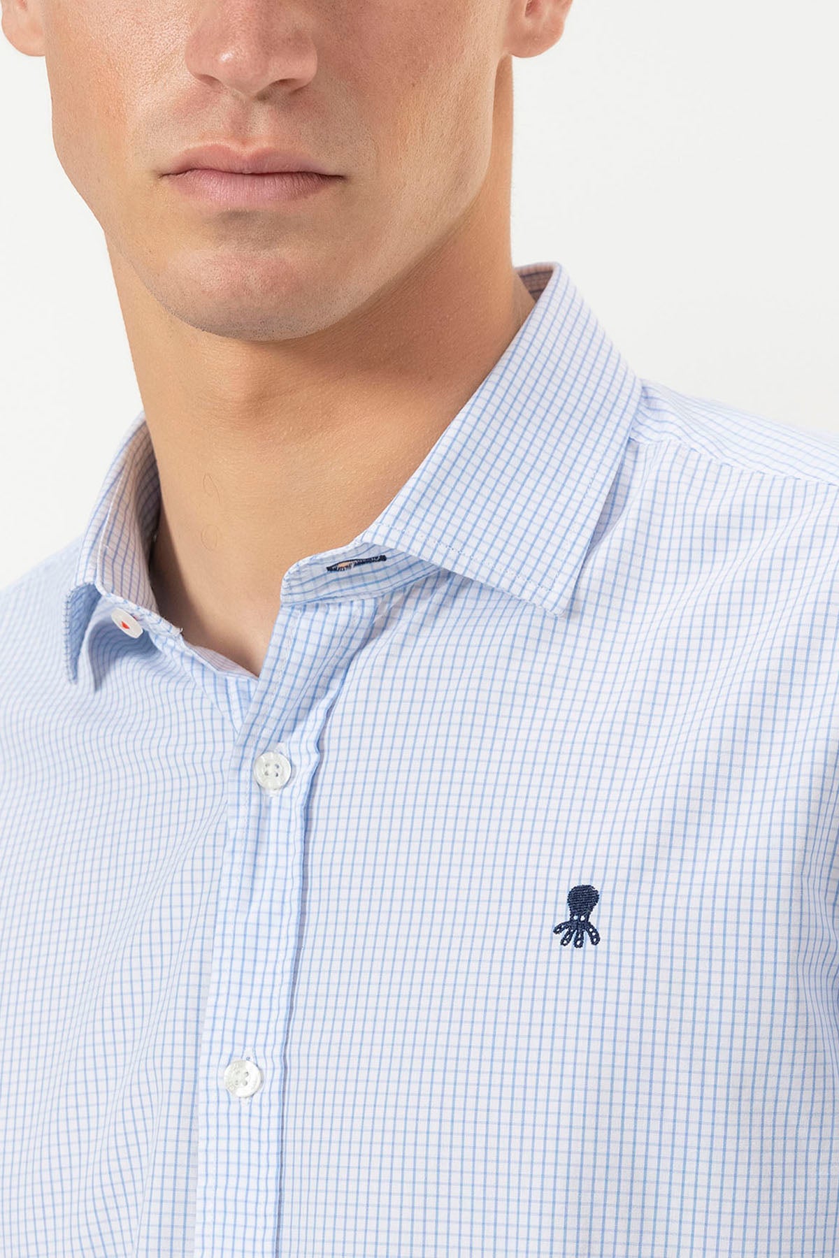 CAMISOLA DE POPELINA AZUL VICHY COM GOLA ITALIANA