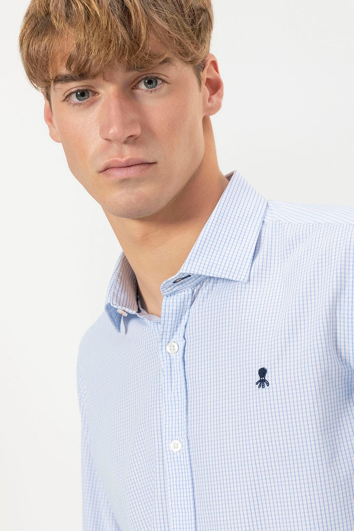 CAMISA POPELIN CUELLO ITALIANO VICHY AZUL
