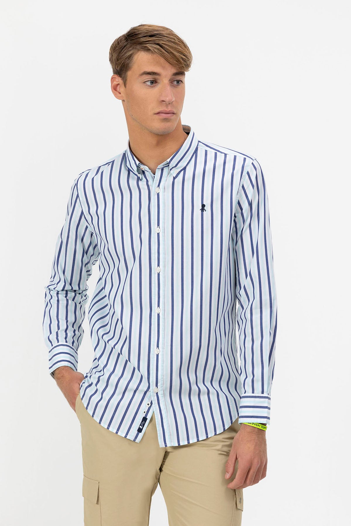 POPLIN BUTTON COLLAR SHIRT WITH TURQUOISE BLUE STRIPES