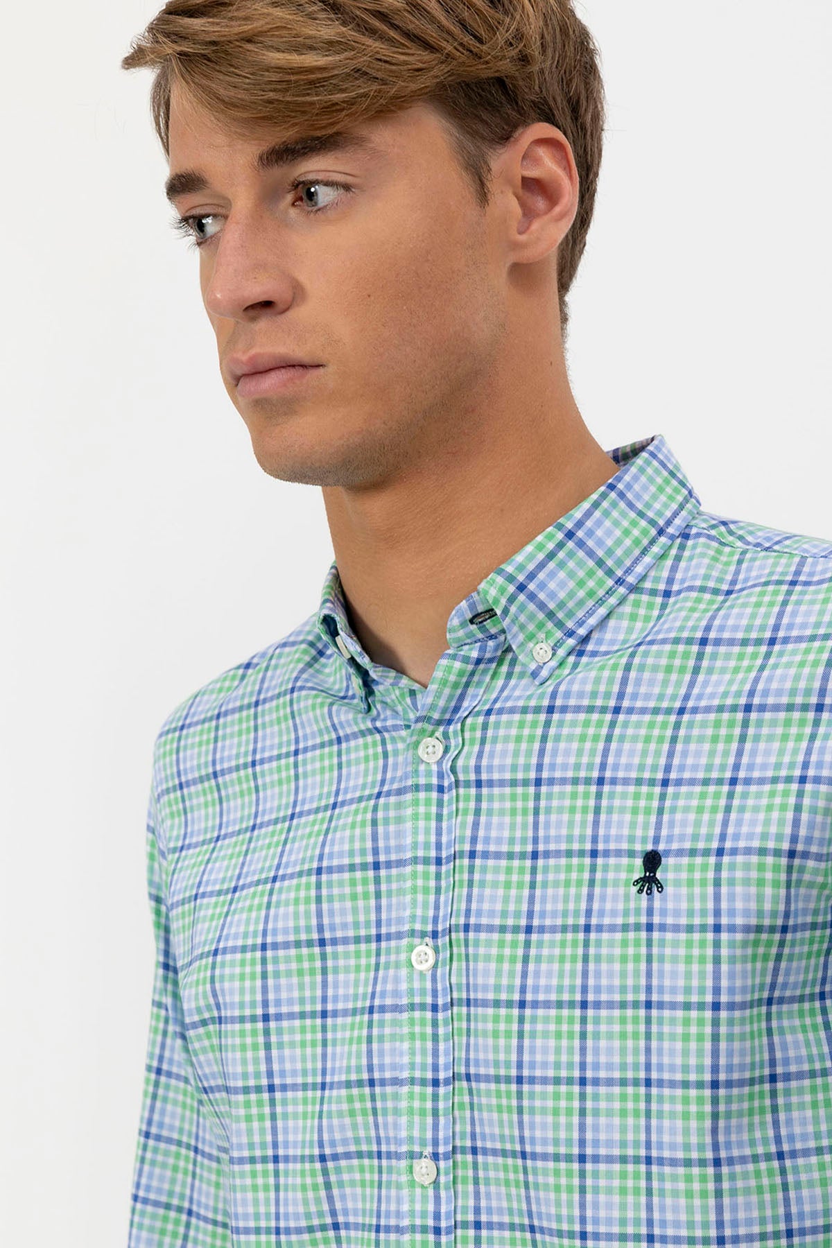 POPLIN SHIRT WITH BUTTON COLLAR AND BLUE CHECK MULTICOLOR
