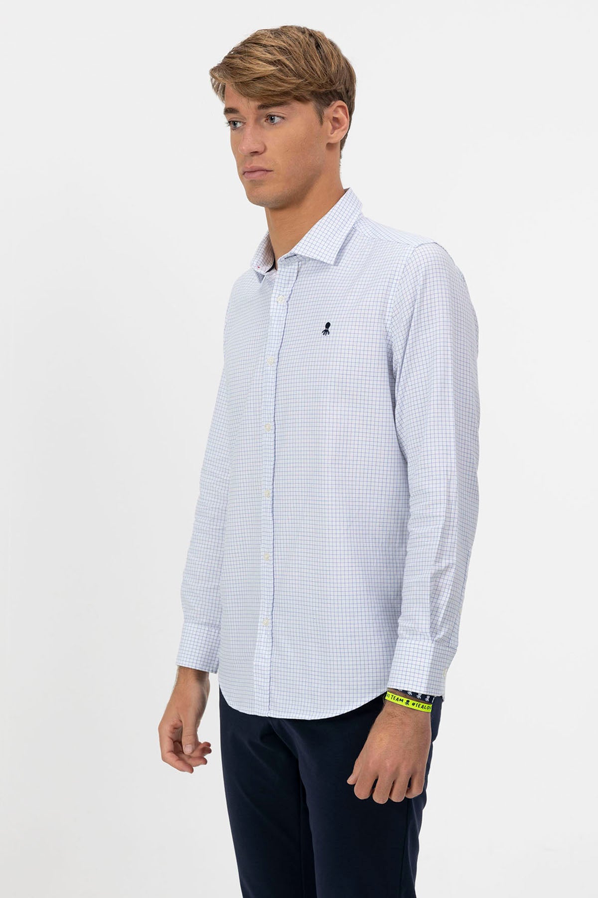 WHITE POPLIN SHIRT WITH NAVY BLUE MINI CHECK
