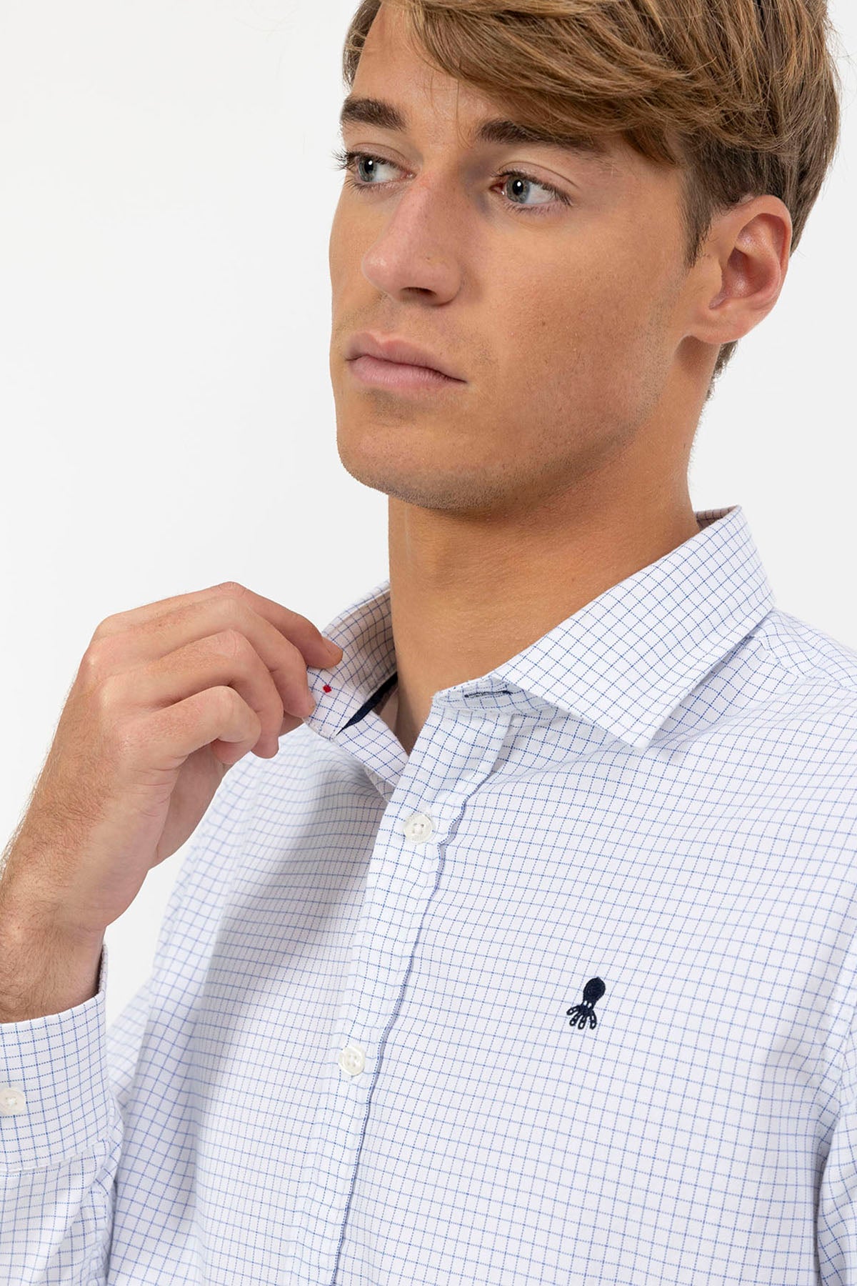 WHITE POPLIN SHIRT WITH NAVY BLUE MINI CHECK
