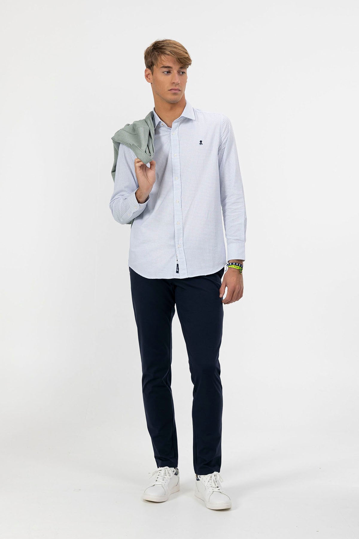 WHITE POPLIN SHIRT WITH NAVY BLUE MINI CHECK