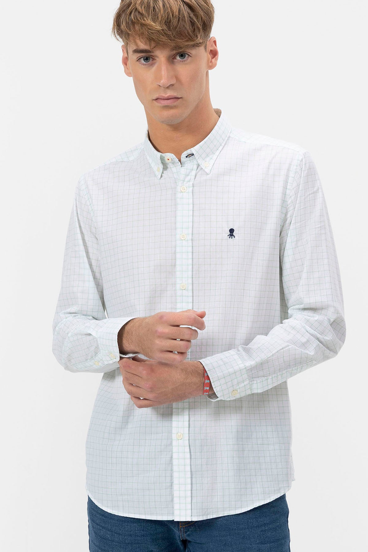 GREEN WINDOW CHECK POPLIN BUTTON COLLAR SHIRT