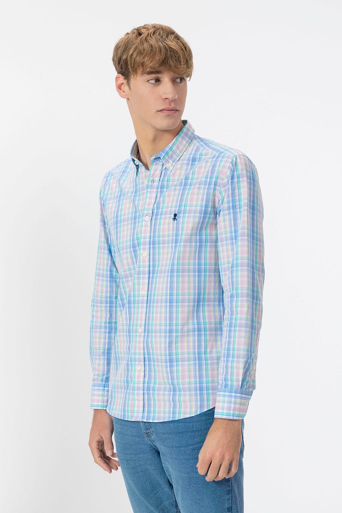 Camisa de popelina xadrez azul multicolorida com gola abotoada