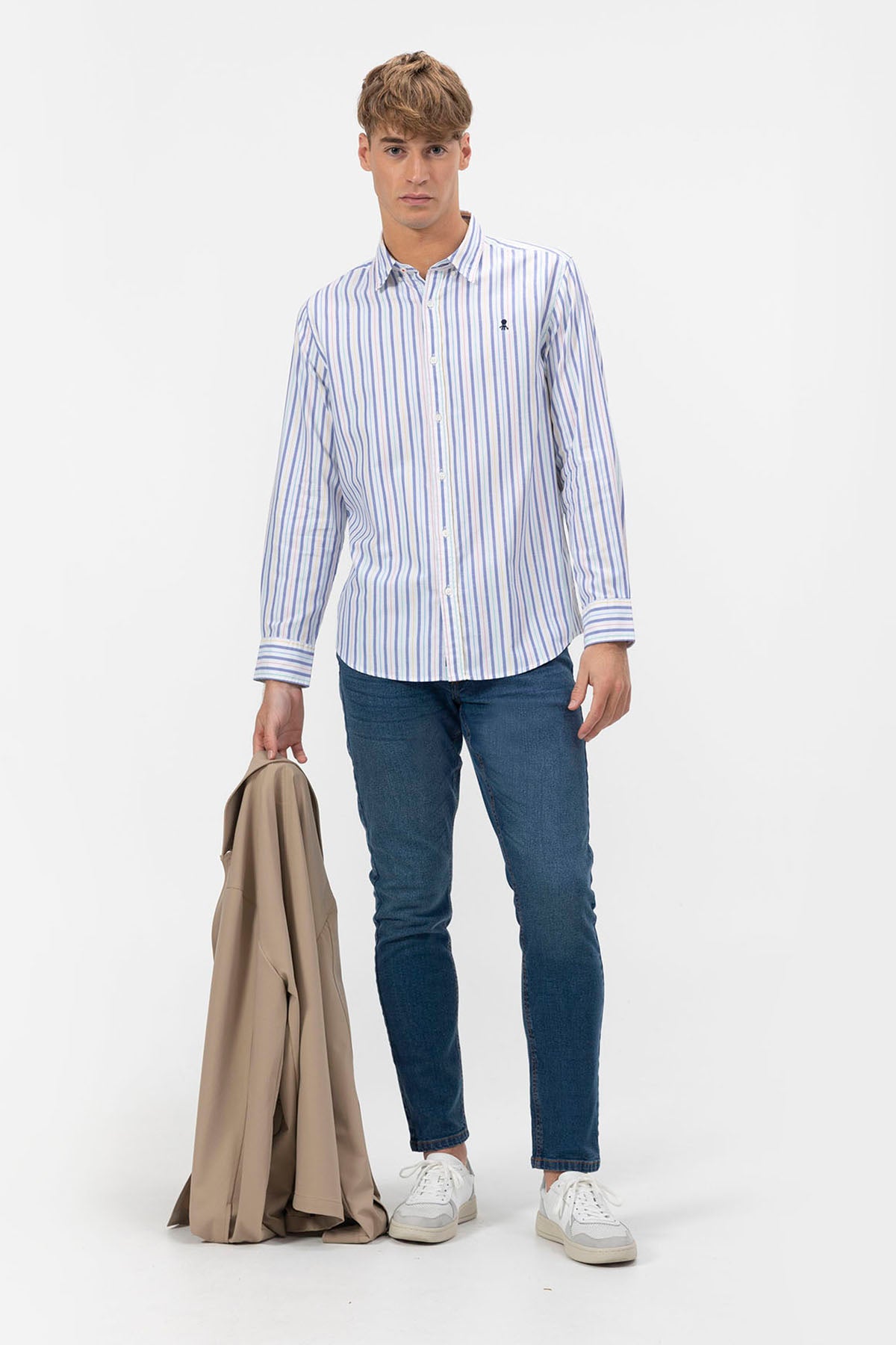 MULTICOLOR COMBINED STRIPED POPLIN BUTTON COLLAR SHIRT