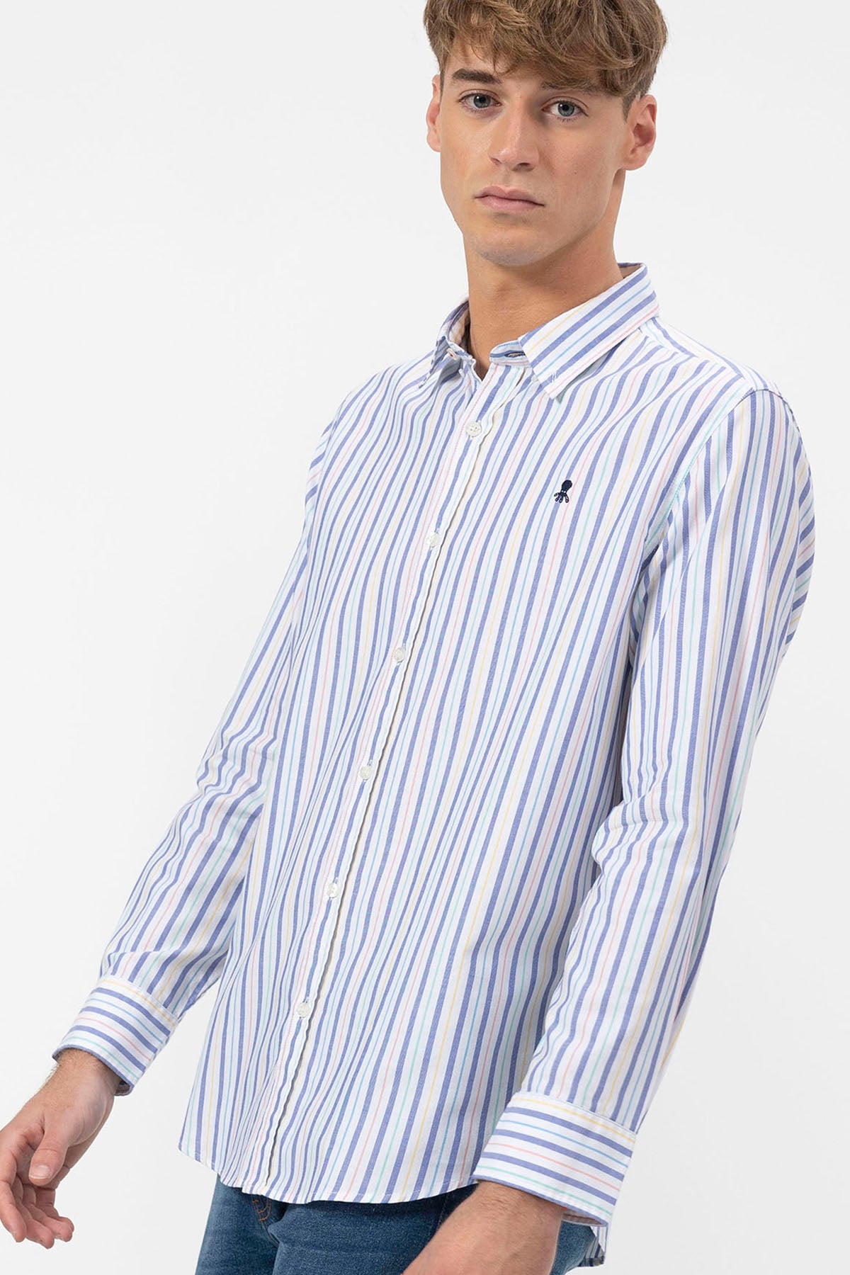MULTICOLOR COMBINED STRIPED POPLIN BUTTON COLLAR SHIRT