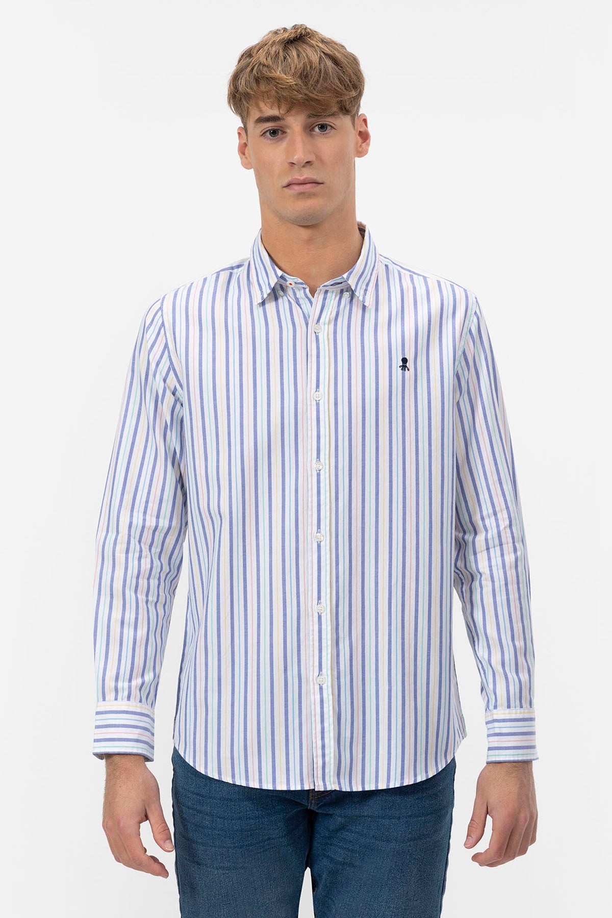 MULTICOLOR COMBINED STRIPED POPLIN BUTTON COLLAR SHIRT