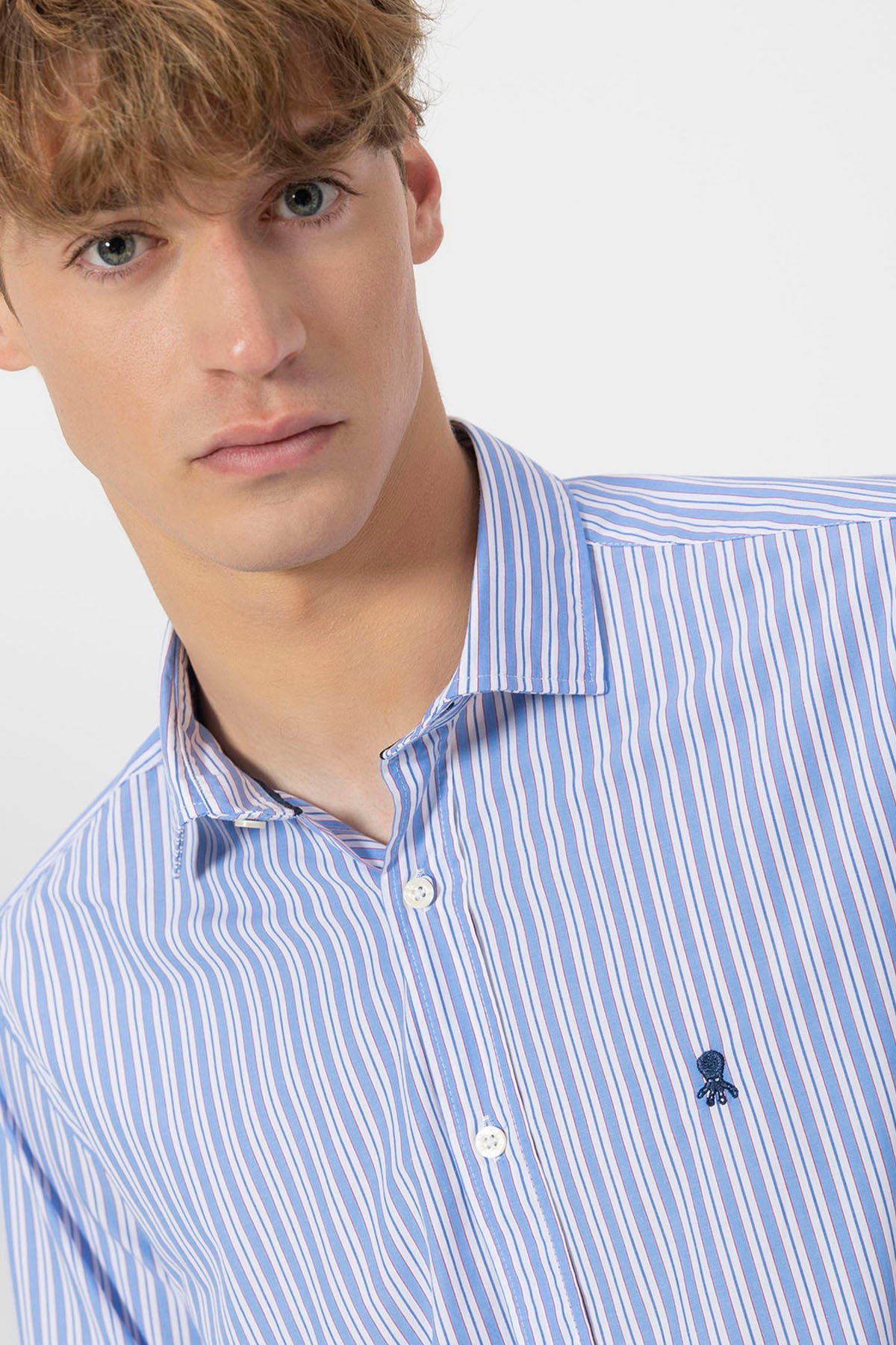CAMISA CUELLO ITALIANO POPELÍN MULTI RAYAS AZUL MULTICOLOR
