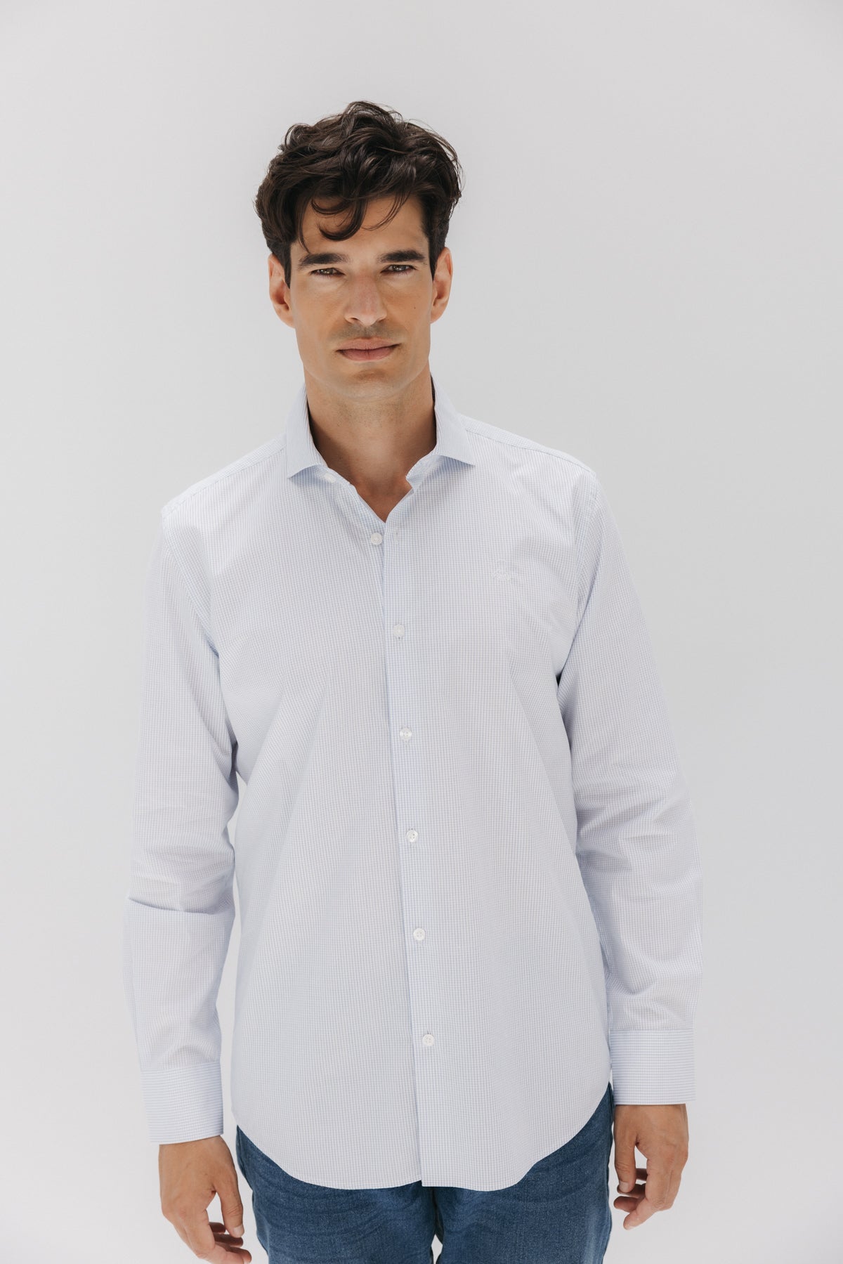 Camisa semivestir popelín cuadro ventana azul celeste