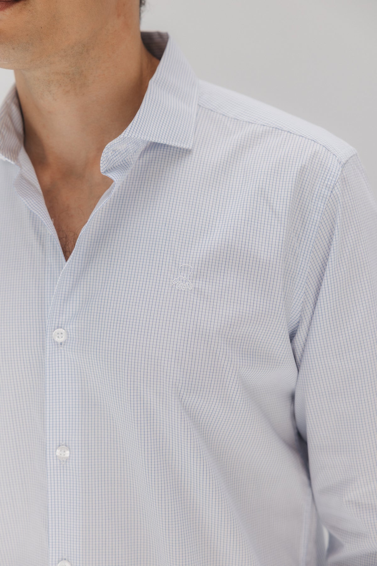 Camisa semivestir popelín cuadro ventana azul celeste