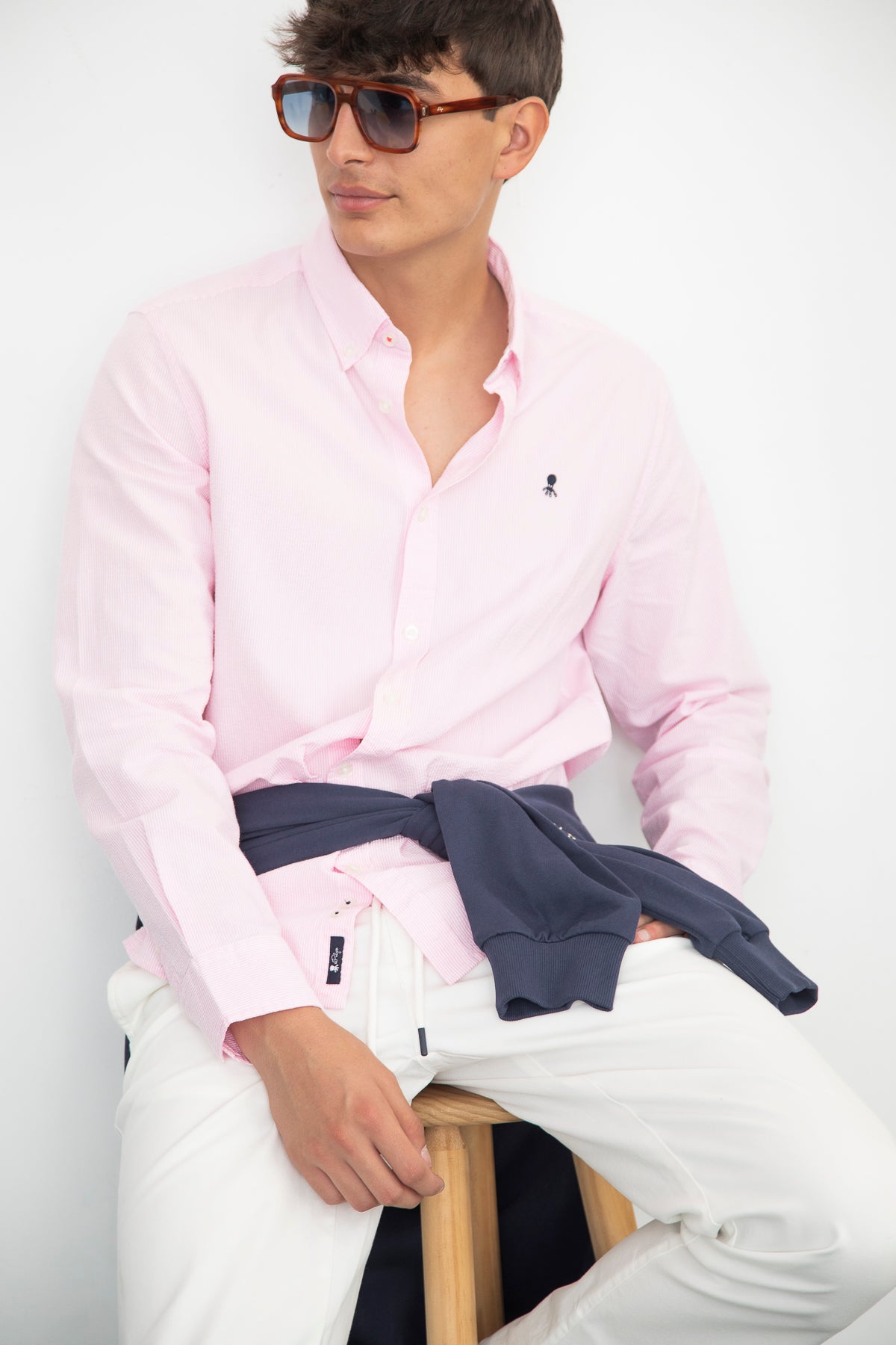 Pink seersucker micro-stripe casual shirt