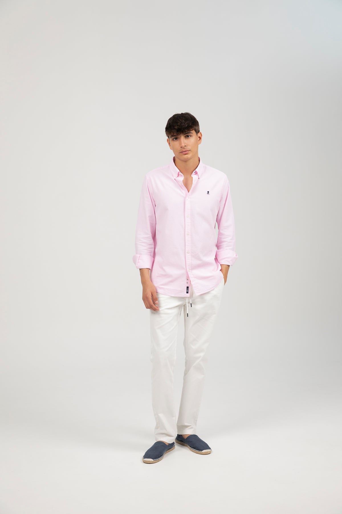 Pink seersucker micro-stripe casual shirt