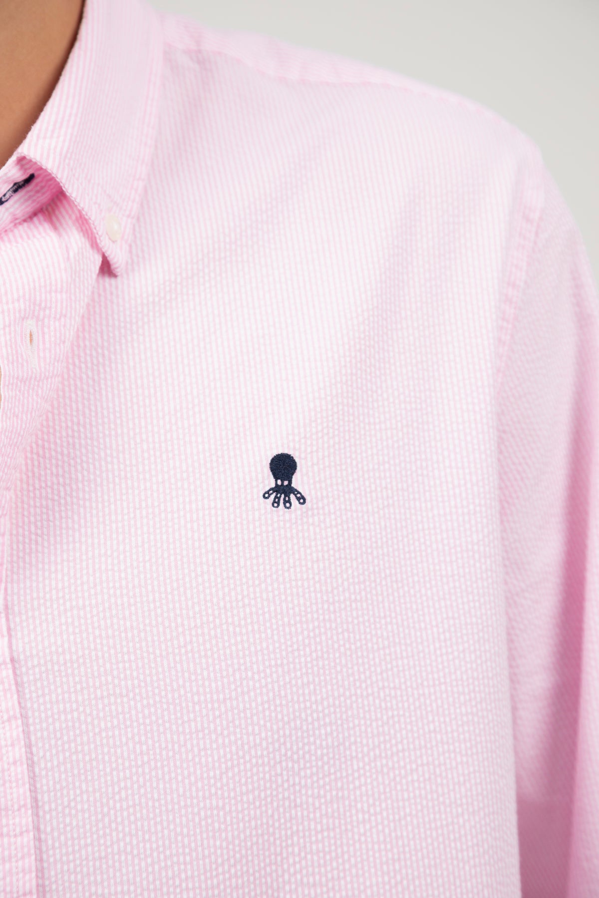 Pink seersucker micro-stripe casual shirt