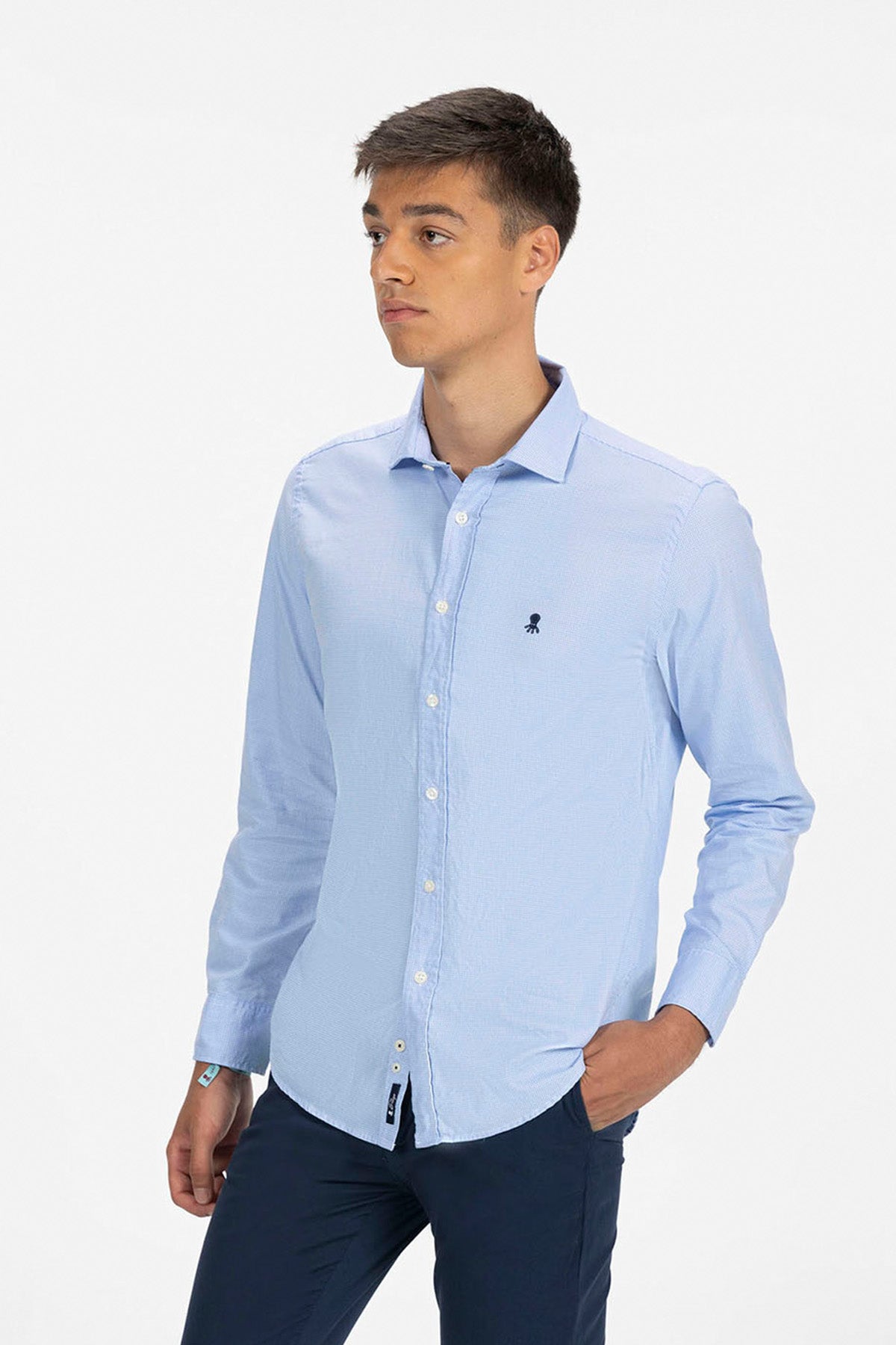 CAMISA PATA DE GALLO OXFORD AZUL CELESTE