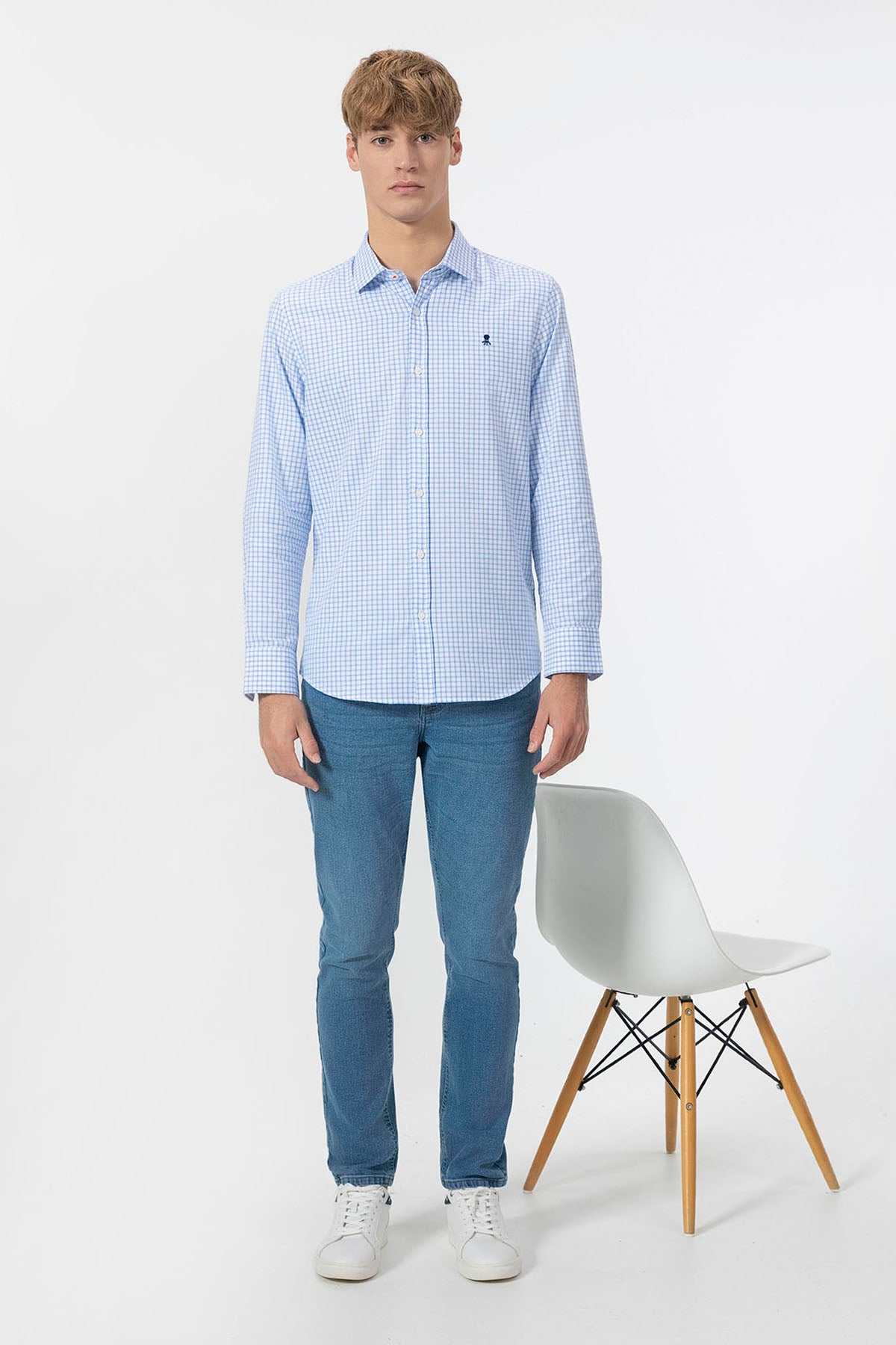 CAMISOLA OXFORD VICHY AZUL GOLA ITALIANA