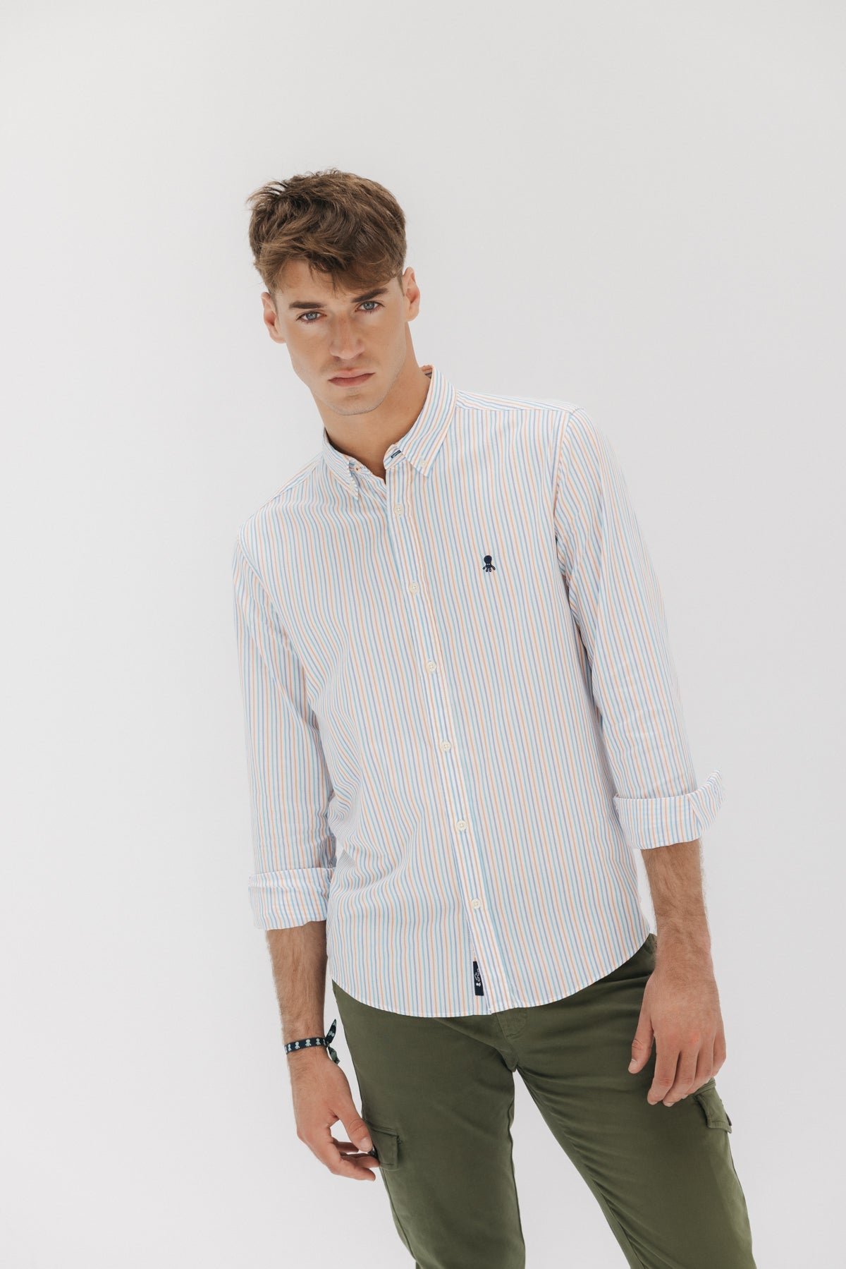 OXFORD SHIRT WITH BUTTON COLLAR AND ORANGE MULTICOLOR STRIPES
