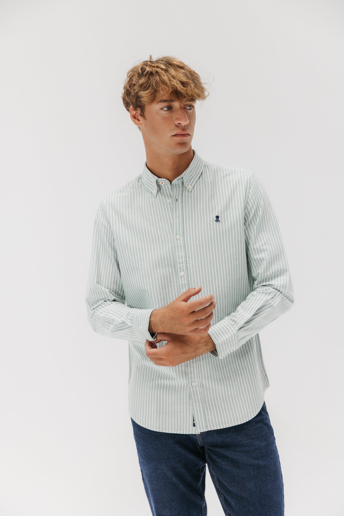 CAMISA CASUAL OXFORD RAYA ANCHA VERDE