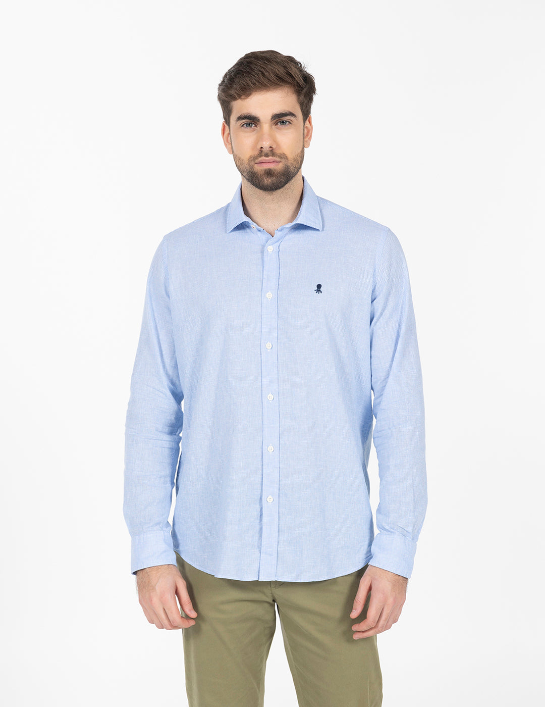CAMISA MICRO PATA DE GALLO LINO AZUL CELESTE