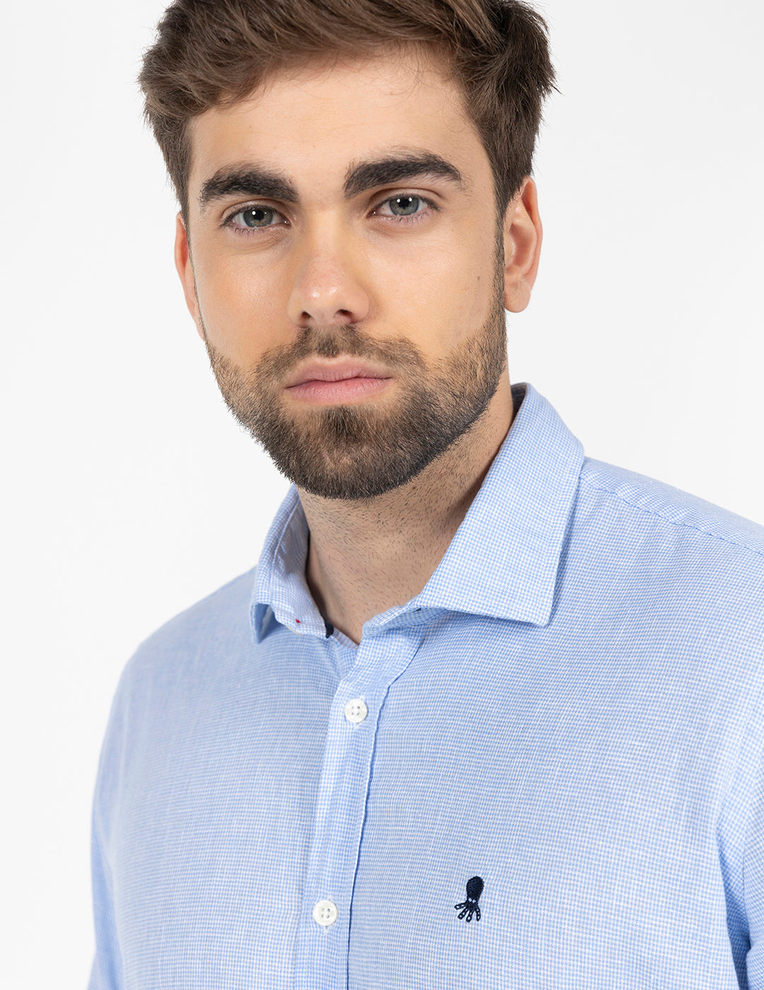 CAMISA MICRO PATA DE GALLO LINO AZUL CELESTE