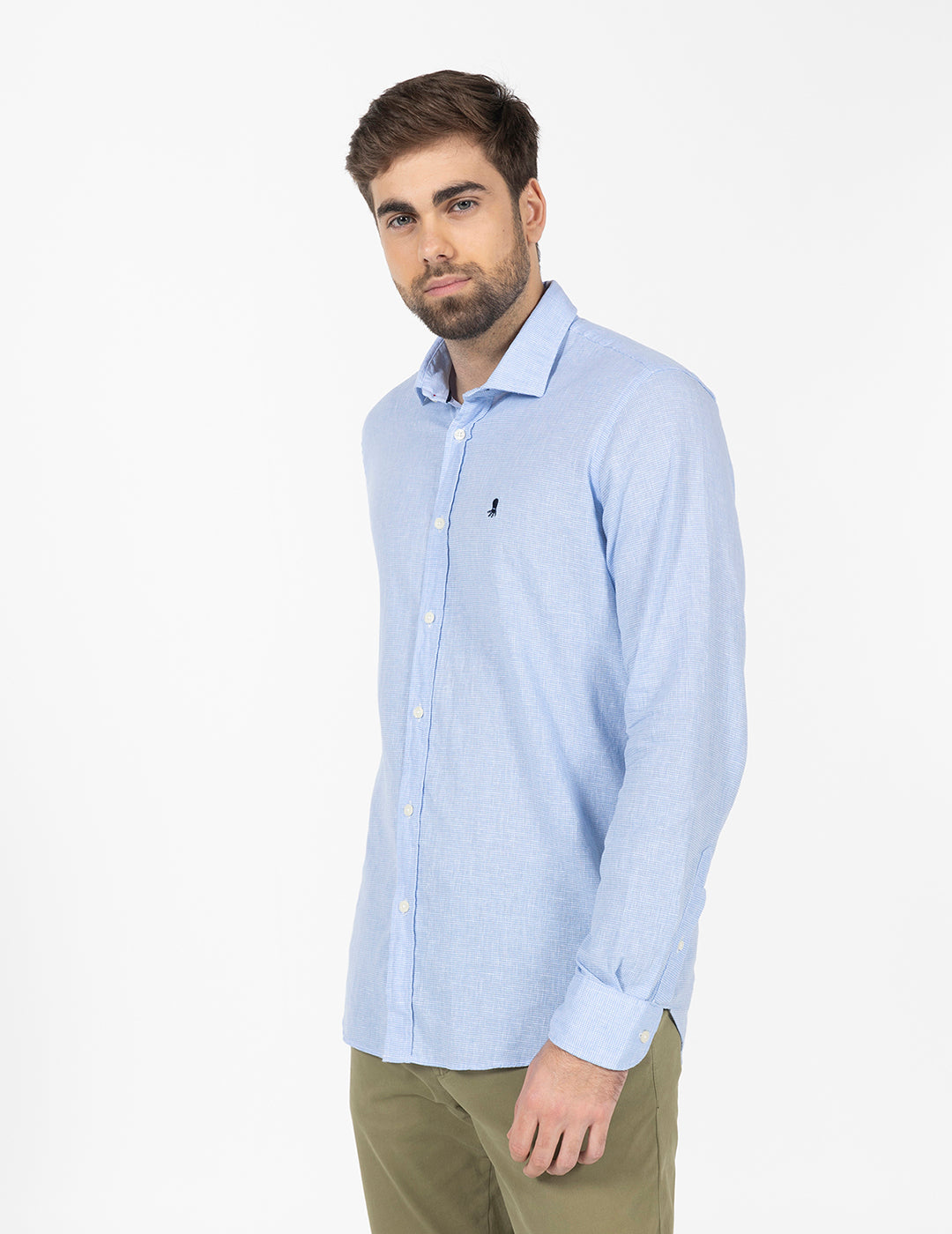 CAMISA MICRO PATA DE GALLO LINO AZUL CELESTE